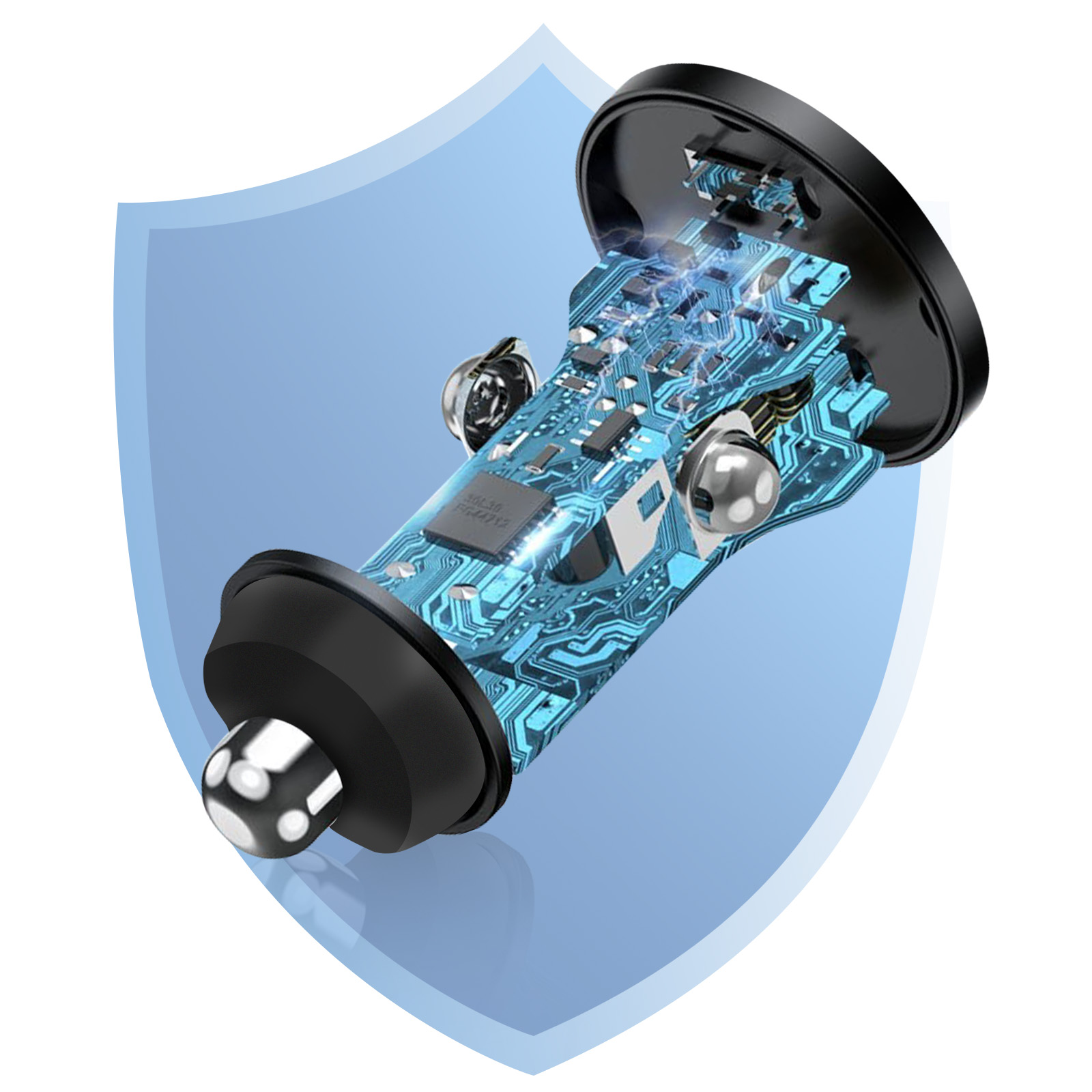 Autoladegerät-Schnitt, blaue Leiterplatte und ein Schutzschild-Symbol.