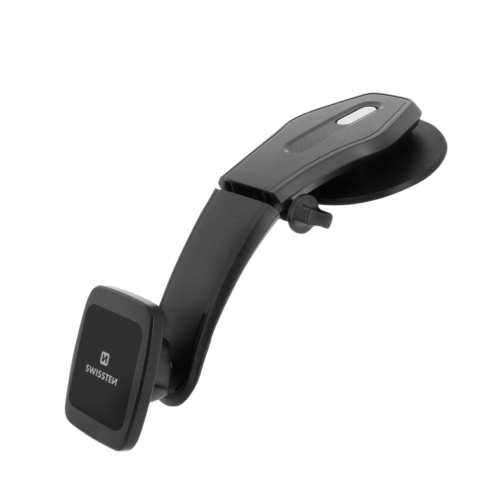 Schwarzer Telefonhalter mit Saugnapf und Schwenkdesign. Der Markenname SWISSTEN ist sichtbar.