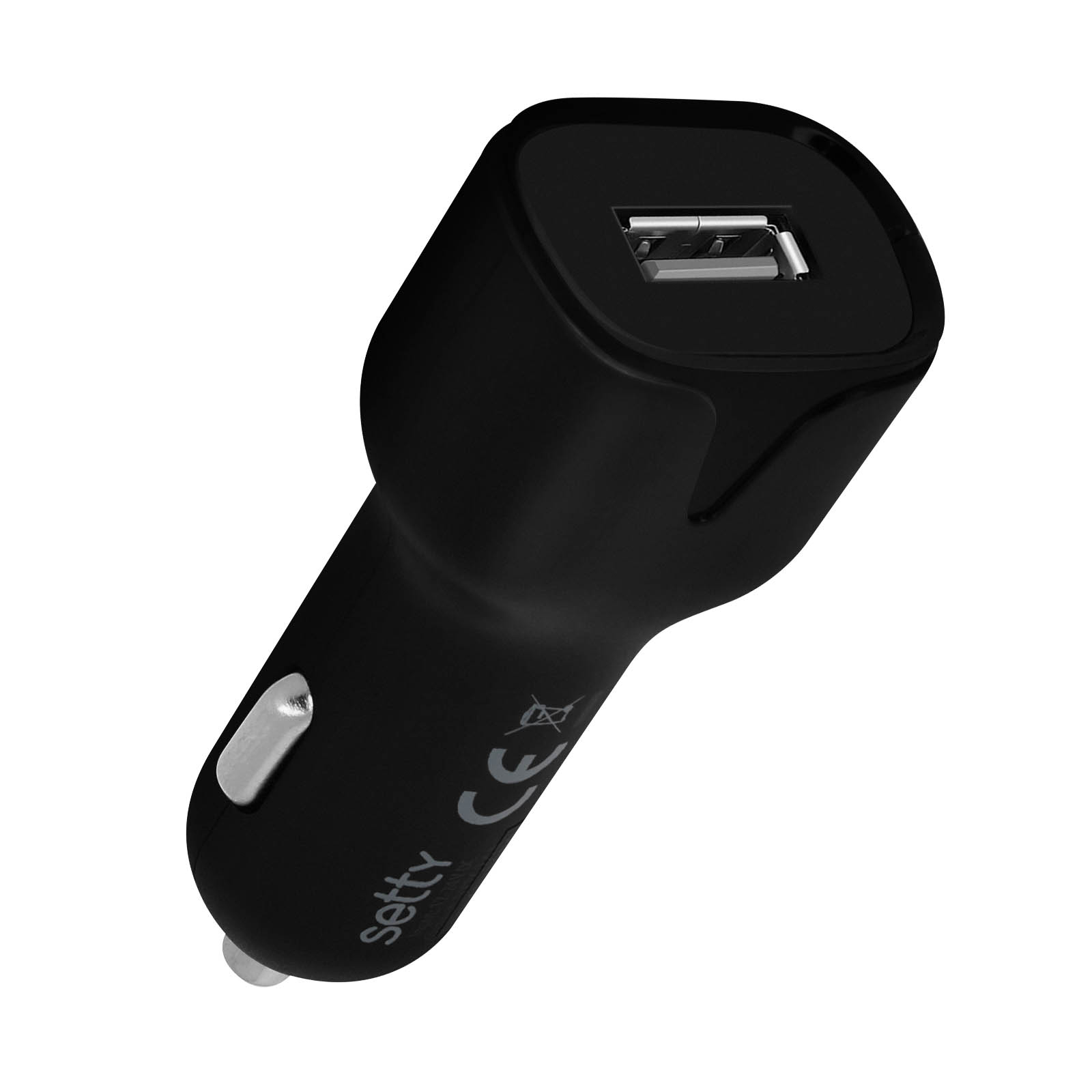 Caricabatterie per auto nero con porta USB, sfondo bianco, vista angolata.
