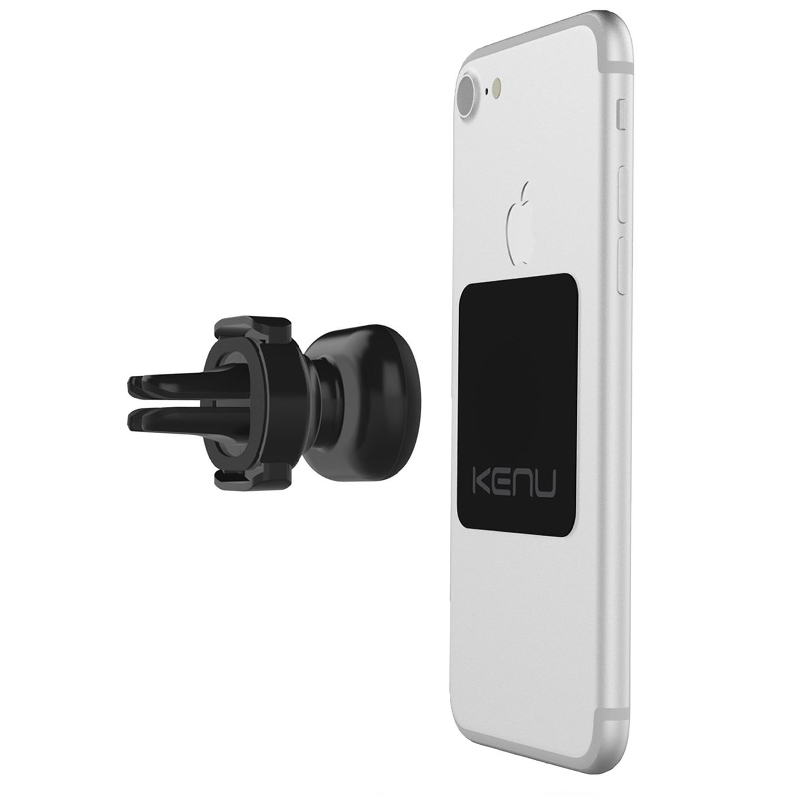 Supporto per telefono nero per bocchetta auto con telefono bianco. Logo Kenu.
