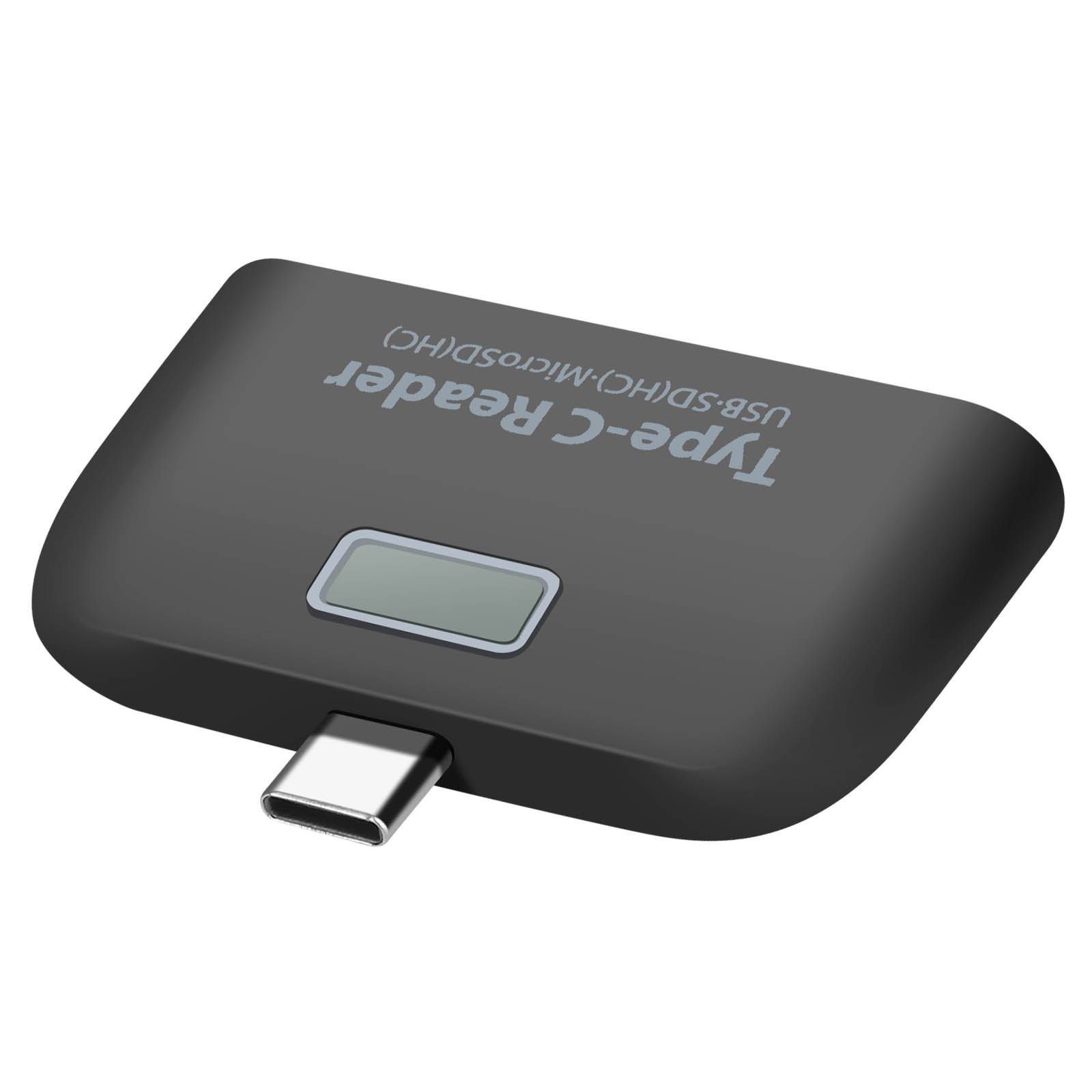 Ein schwarzer USB-C-Kartenleser mit einem silbernen Anschluss und einem kleinen Rechteckdisplay.