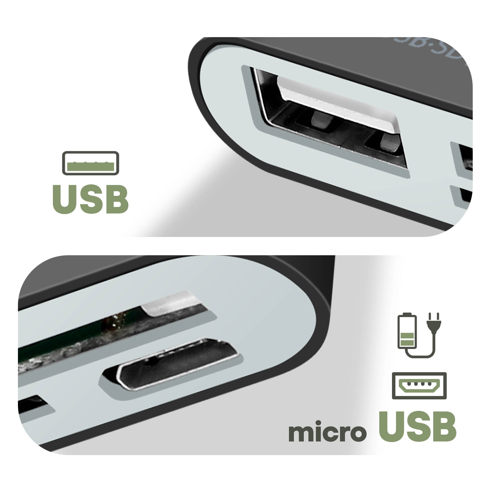 Nahaufnahme eines schwarzen Geräts mit USB- und Micro-USB-Anschlüssen.