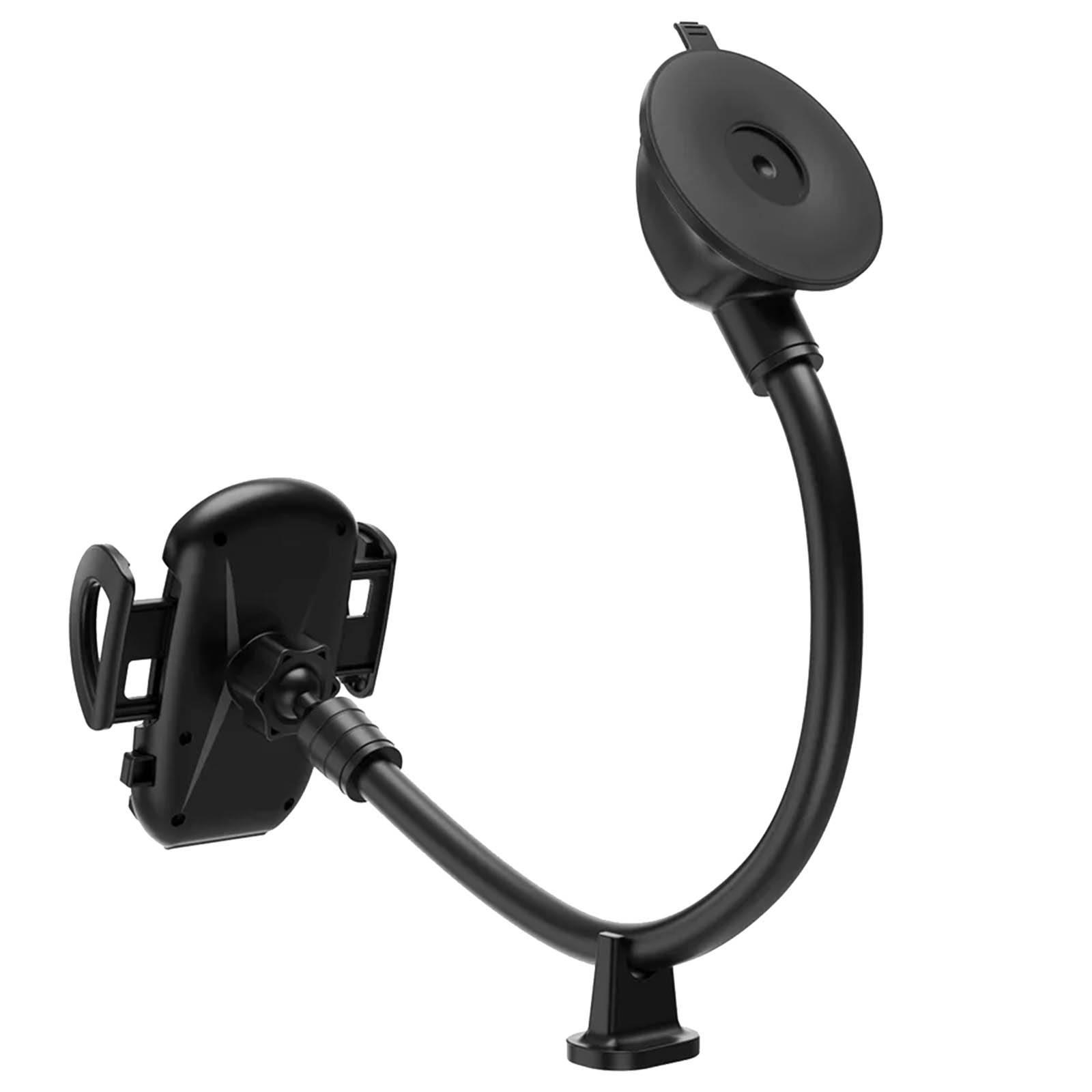 Schwarze Autohalterung mit flexiblem Arm. Saugnapf am Armaturenbrett. Weißer Hintergrund.