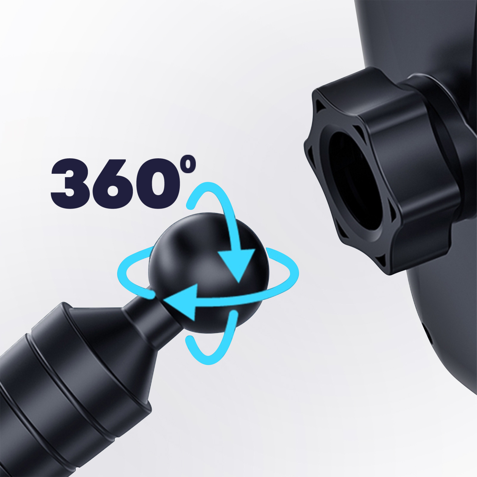 Kugelgelenk der schwarzen Telefonhalterung mit 360°-Drehpfeilen. Rechts befindet sich ein schwarzer Knopf.