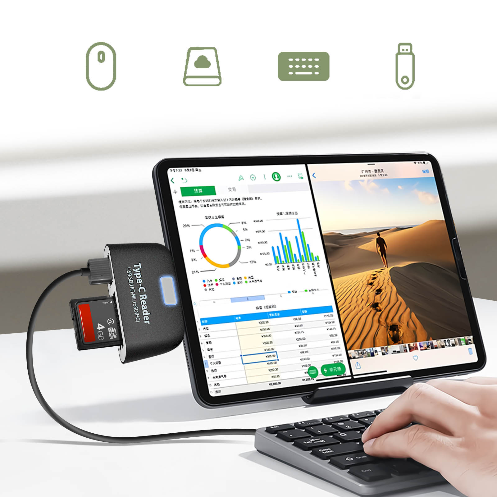 Ein schwarzes USB-C-Kartenlesegerät mit SD-Karte ist an ein Tablet angeschlossen, das Daten und ein Bild anzeigt.