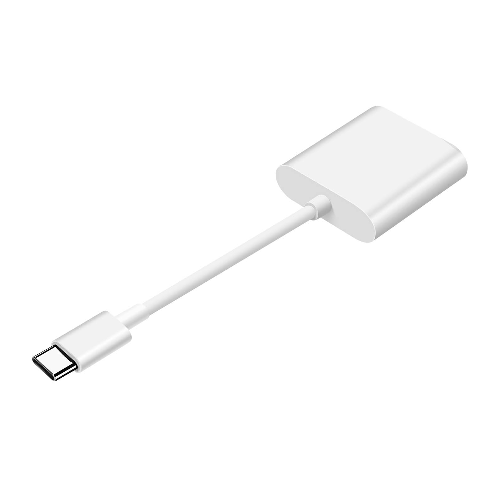 Ein weißer USB-C-Adapter mit Kabel und Anschluss.