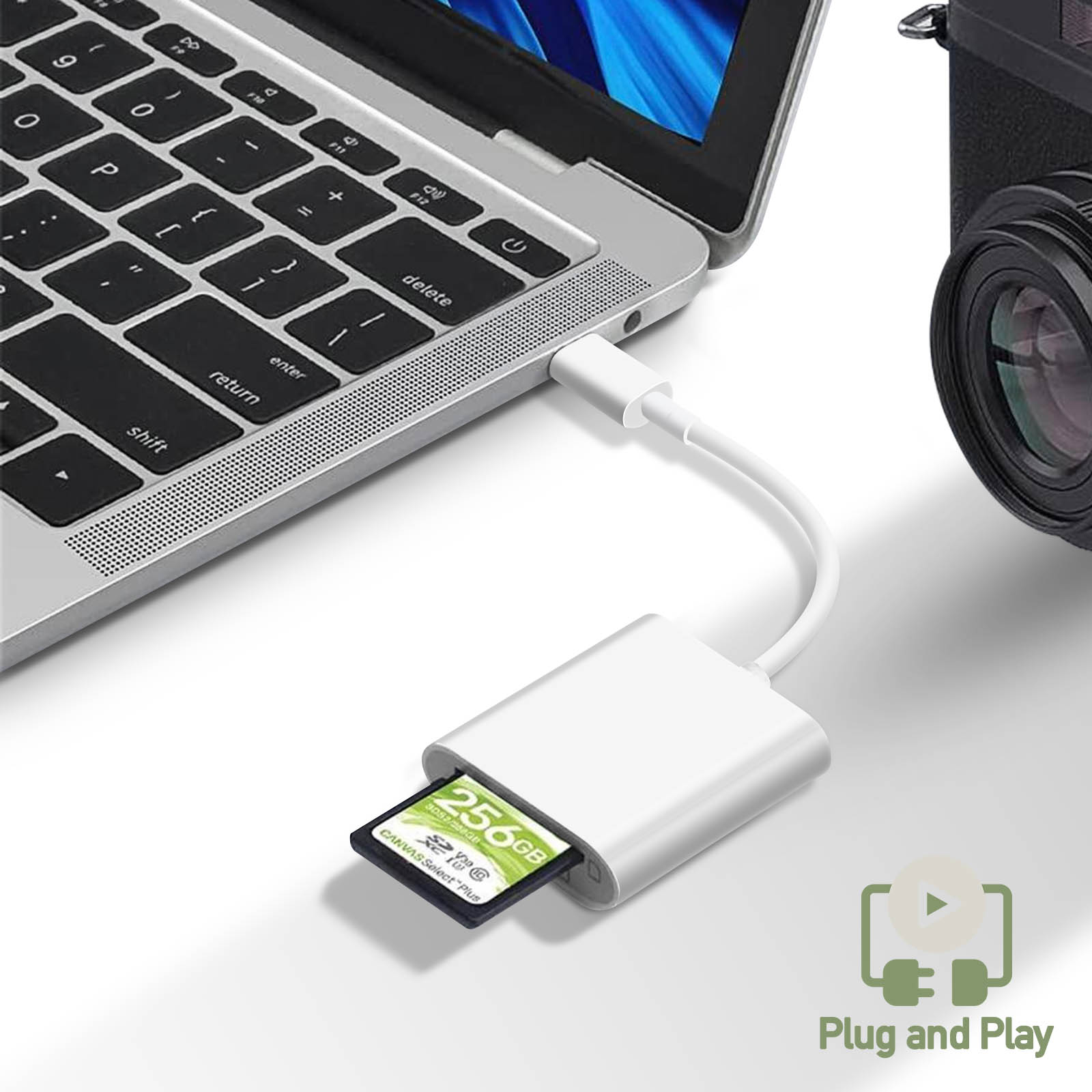 Eine Laptop-Tastatur, ein USB-C-Adapter mit einer 256-GB-SD-Karte und ein Kameraobjektiv.