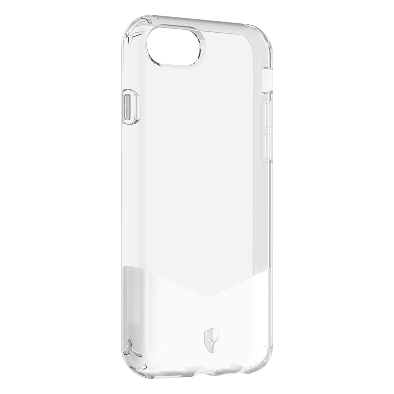 Custodia trasparente per telefono. È trasparente e presenta un design sottile nella parte inferiore.