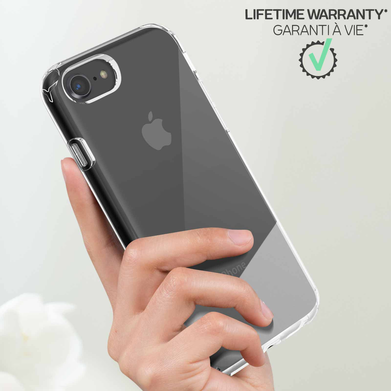 Mano che tiene una custodia trasparente per telefono. È un iPhone con il logo Apple.
