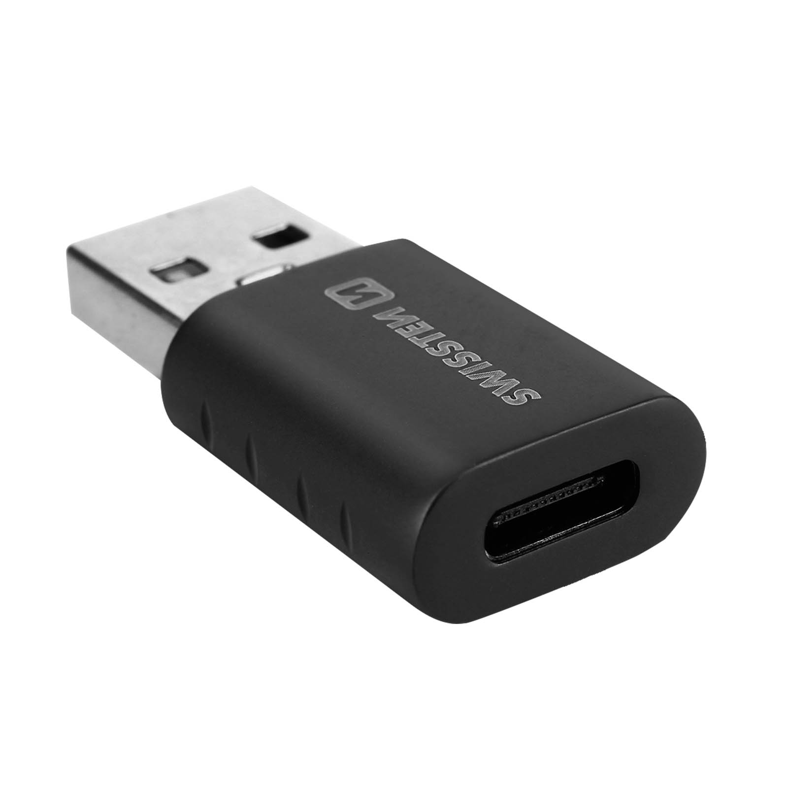 Adaptateur USB-C vers USB noir, avec le logo Swississ. Sur fond blanc.