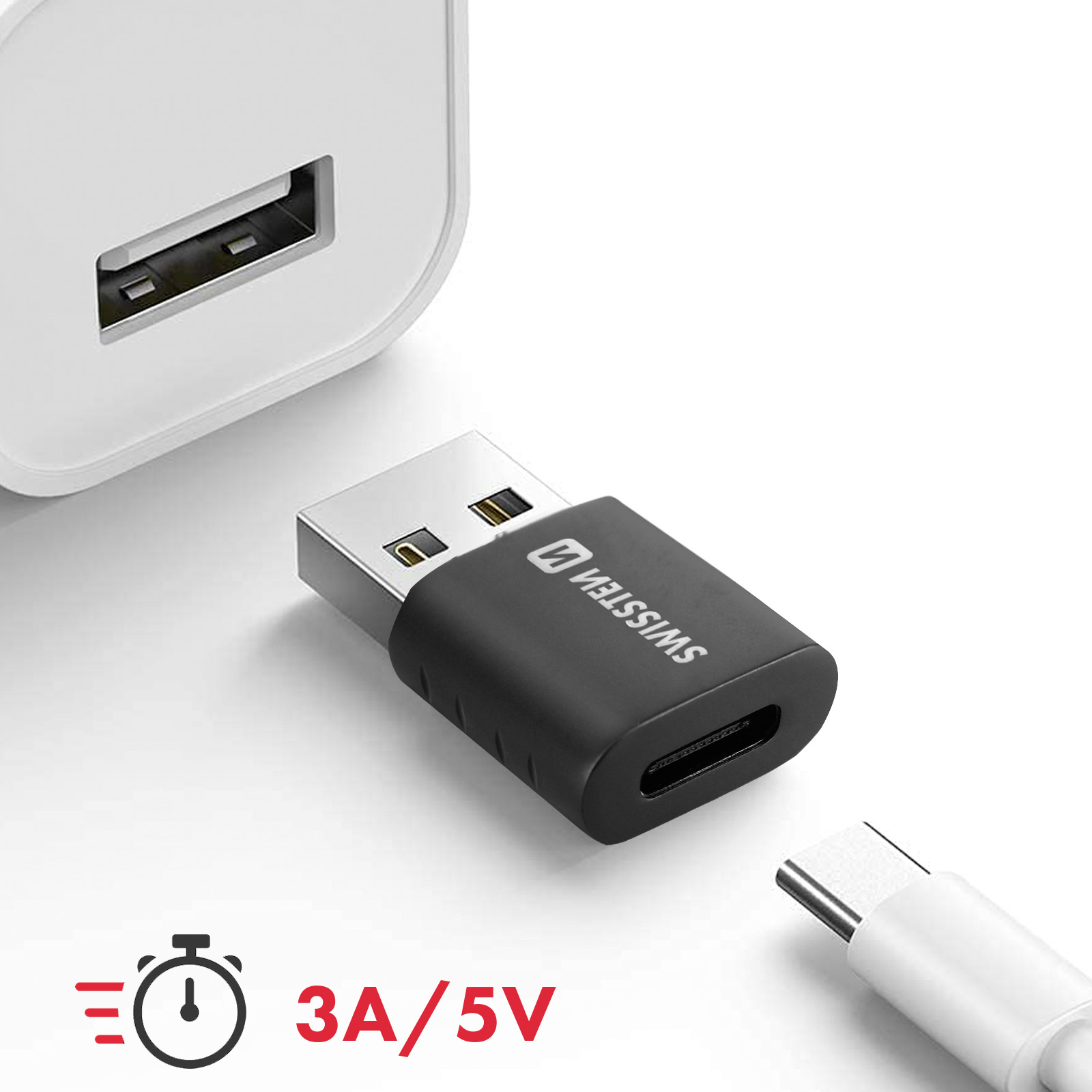 Adaptateur USB-C noir connecté à un port USB et un câble de charge blanc. 3A/5V présent.