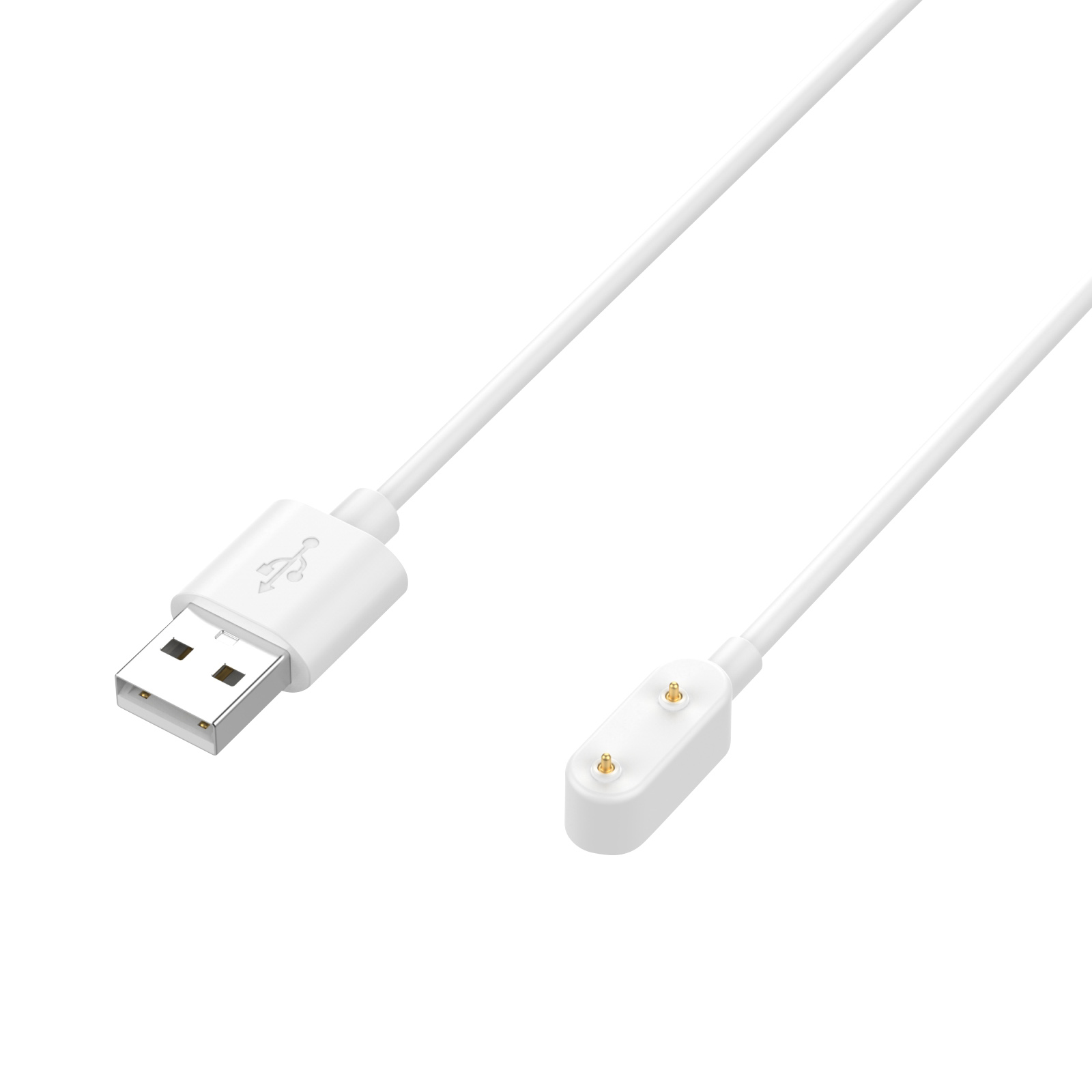 Un cable USB blanco con un conector USB en un extremo y un cargador magnético en el otro.