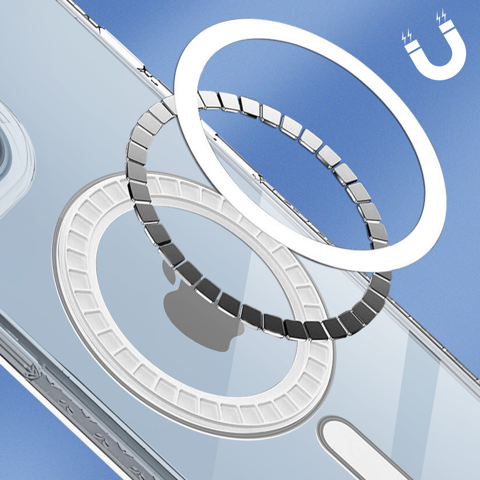 Custodia trasparente per telefono con magneti, iPhone all'interno, sfondo blu con magneti.