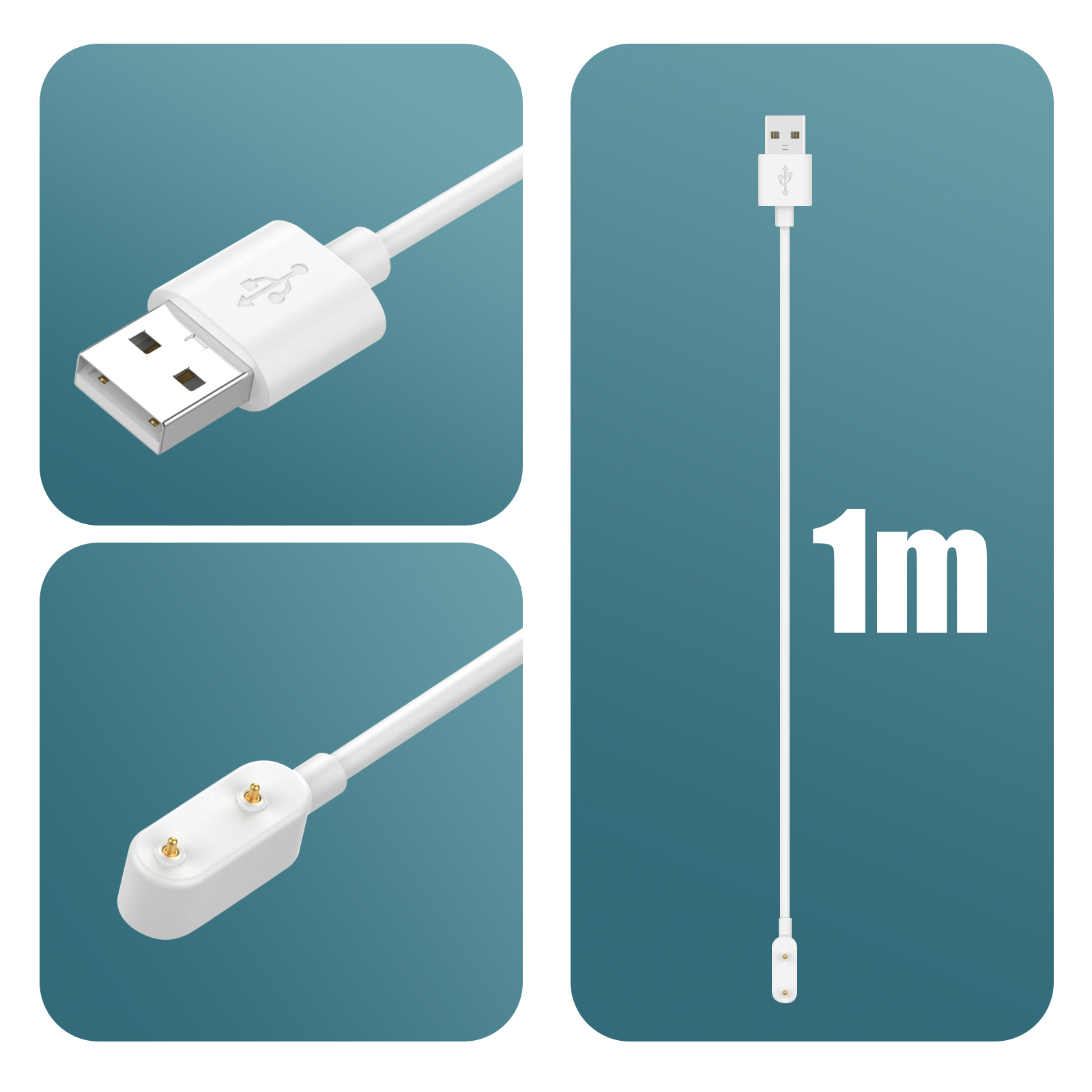 Se muestran tres imágenes de un cable de carga blanco. Tiene un extremo USB y de carga.