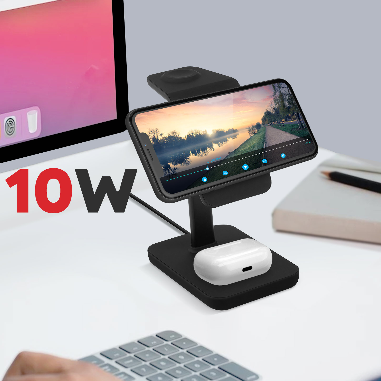 Telefon na czarnym stojaku do ładowania, z etui na słuchawki. Widoczna etykieta 10W.