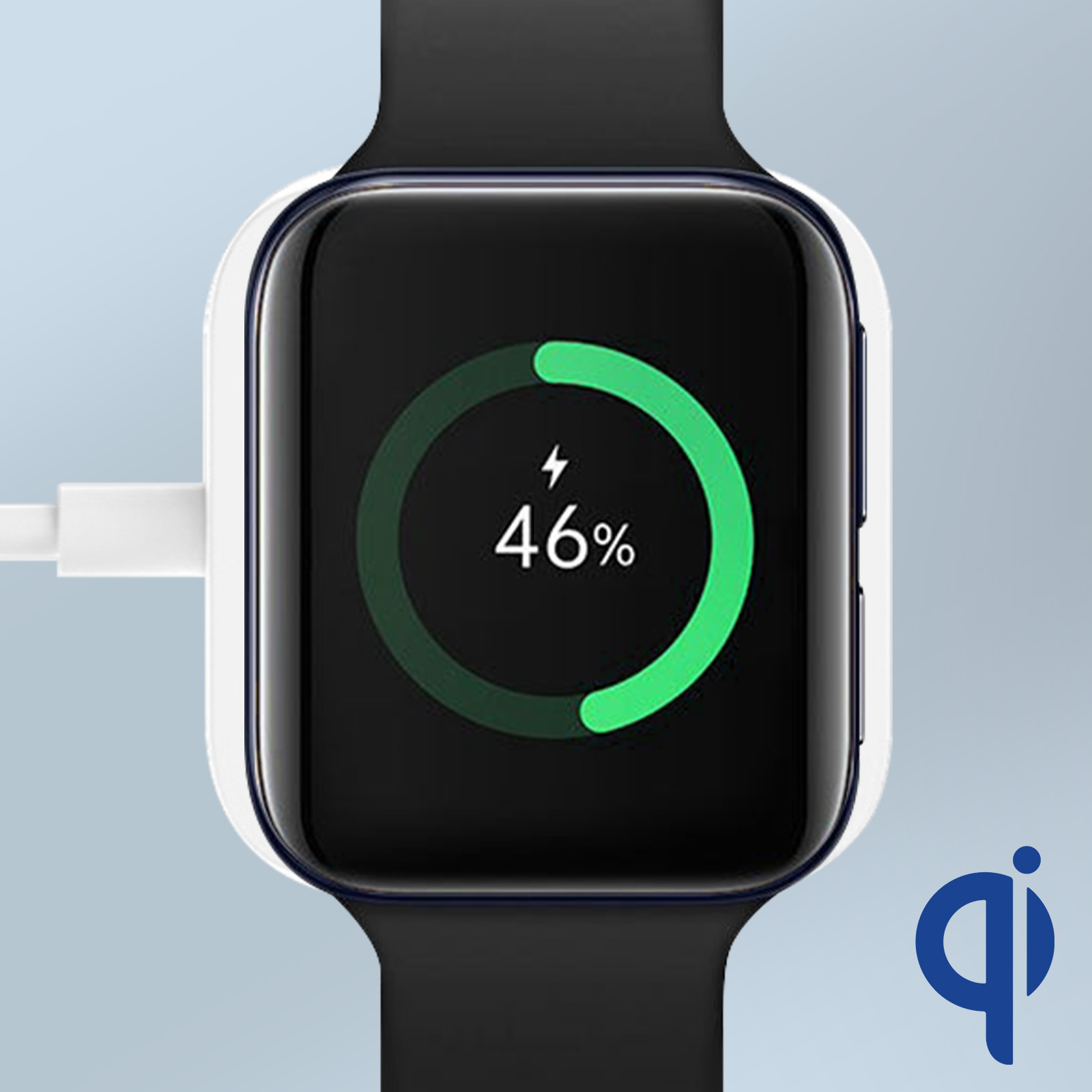 Smartwatch cargando, con un círculo de carga verde que muestra el 46% en una pantalla negra. Cable de carga blanco visible.