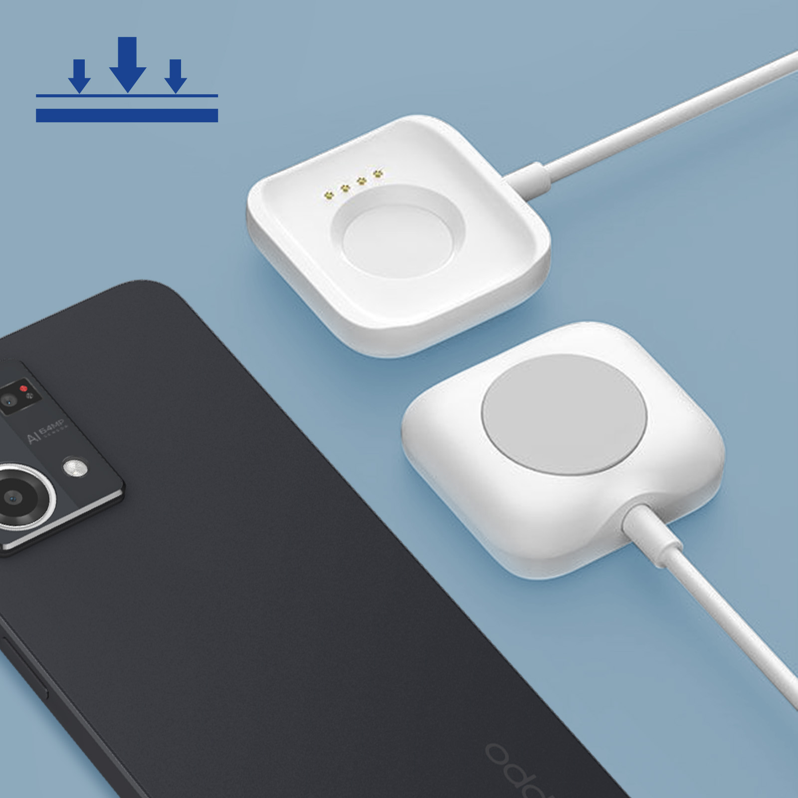 Un teléfono negro se carga con dos bases de carga blancas. Flechas indican carga.
