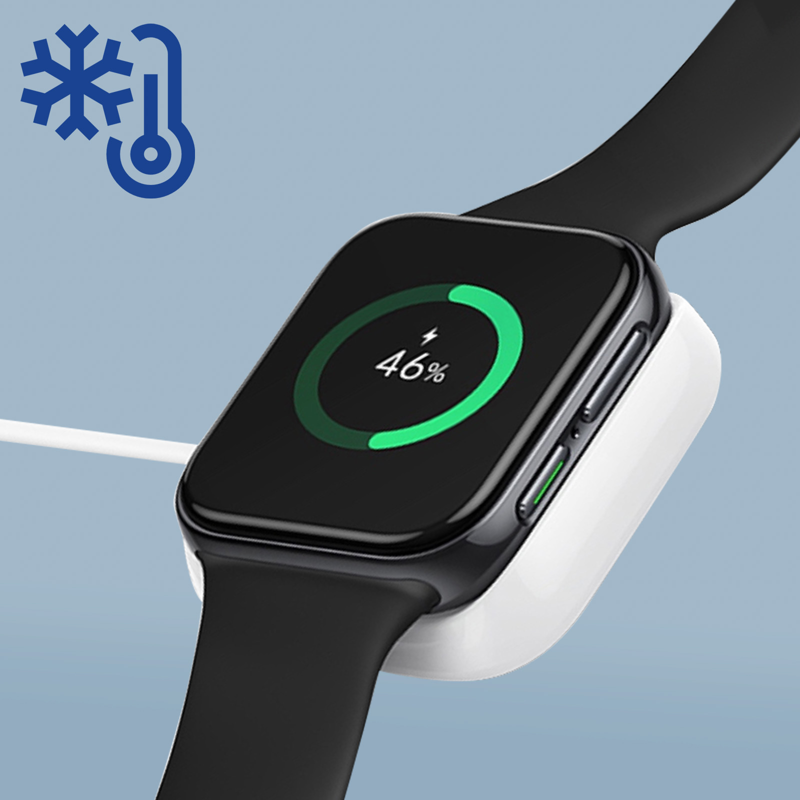 Smartwatch en cargador. Muestra 46% de carga. Iconos de copo de nieve y termómetro.