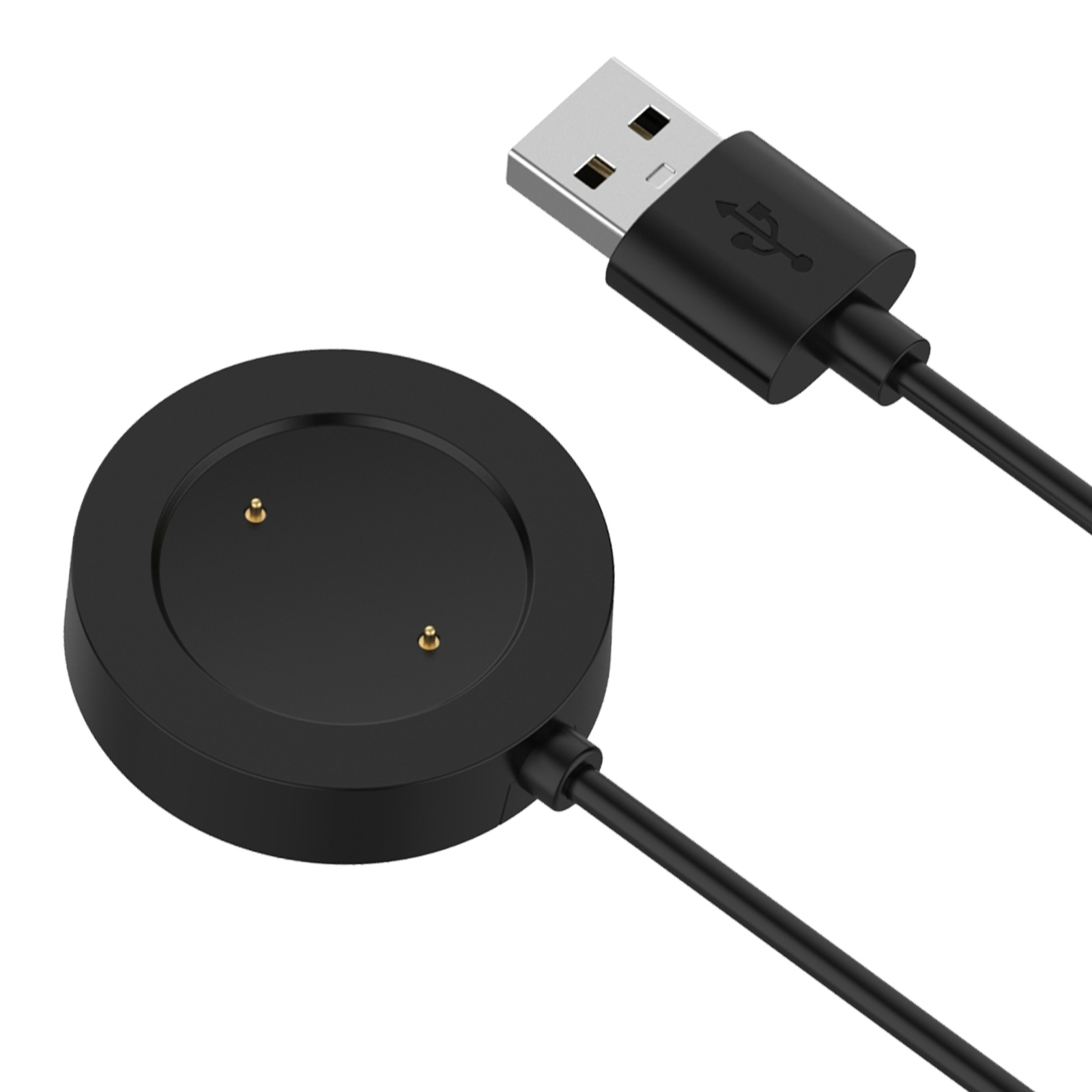 Base de carga circular negra con cable USB conectado.