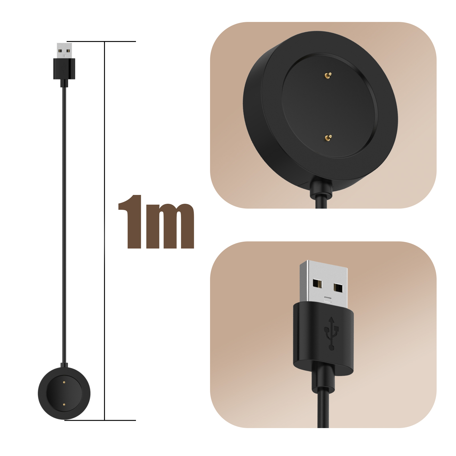 Cargador negro con USB y placa de carga redonda. Medida: 1m.