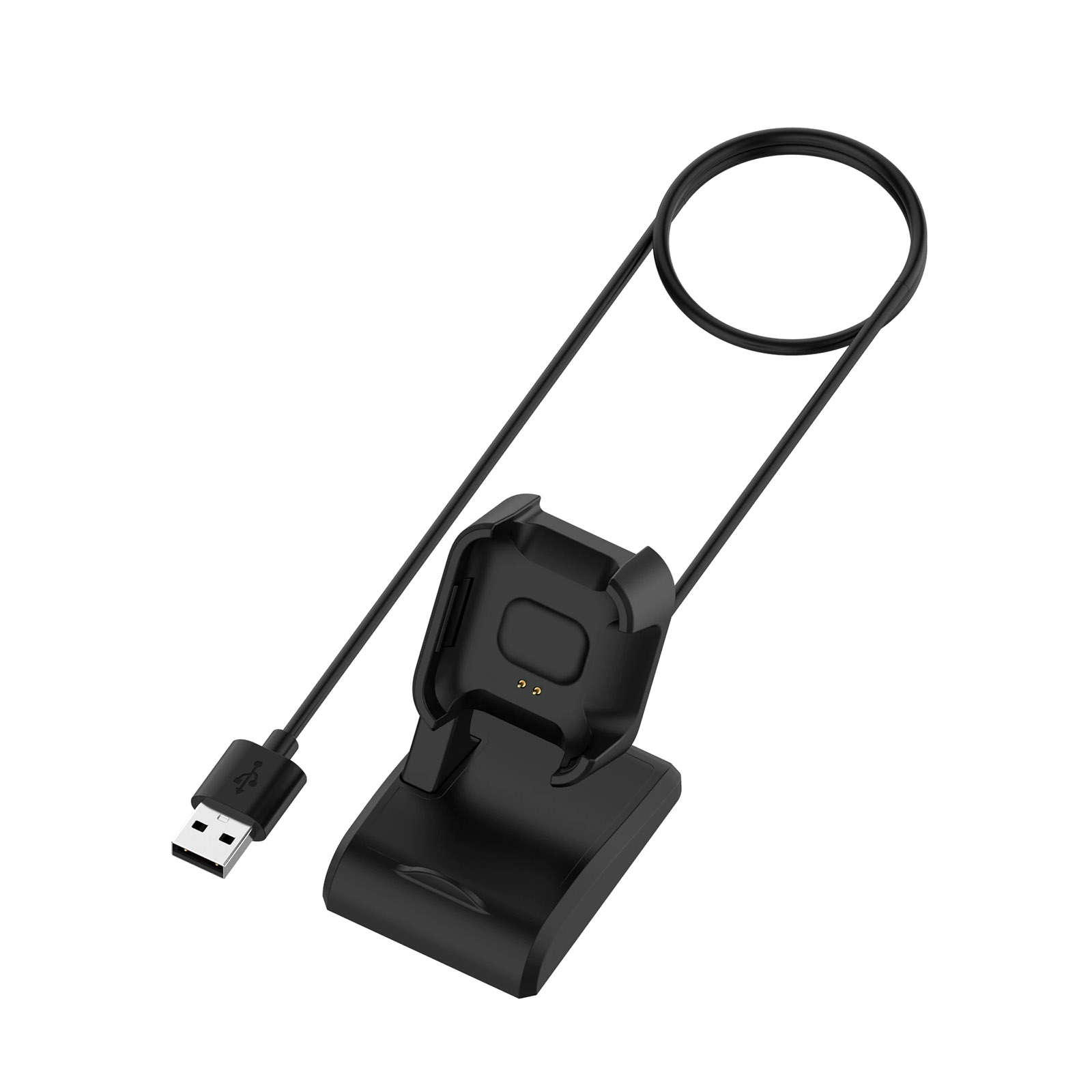 Cargador de reloj inteligente negro con conector USB. Fondo blanco.