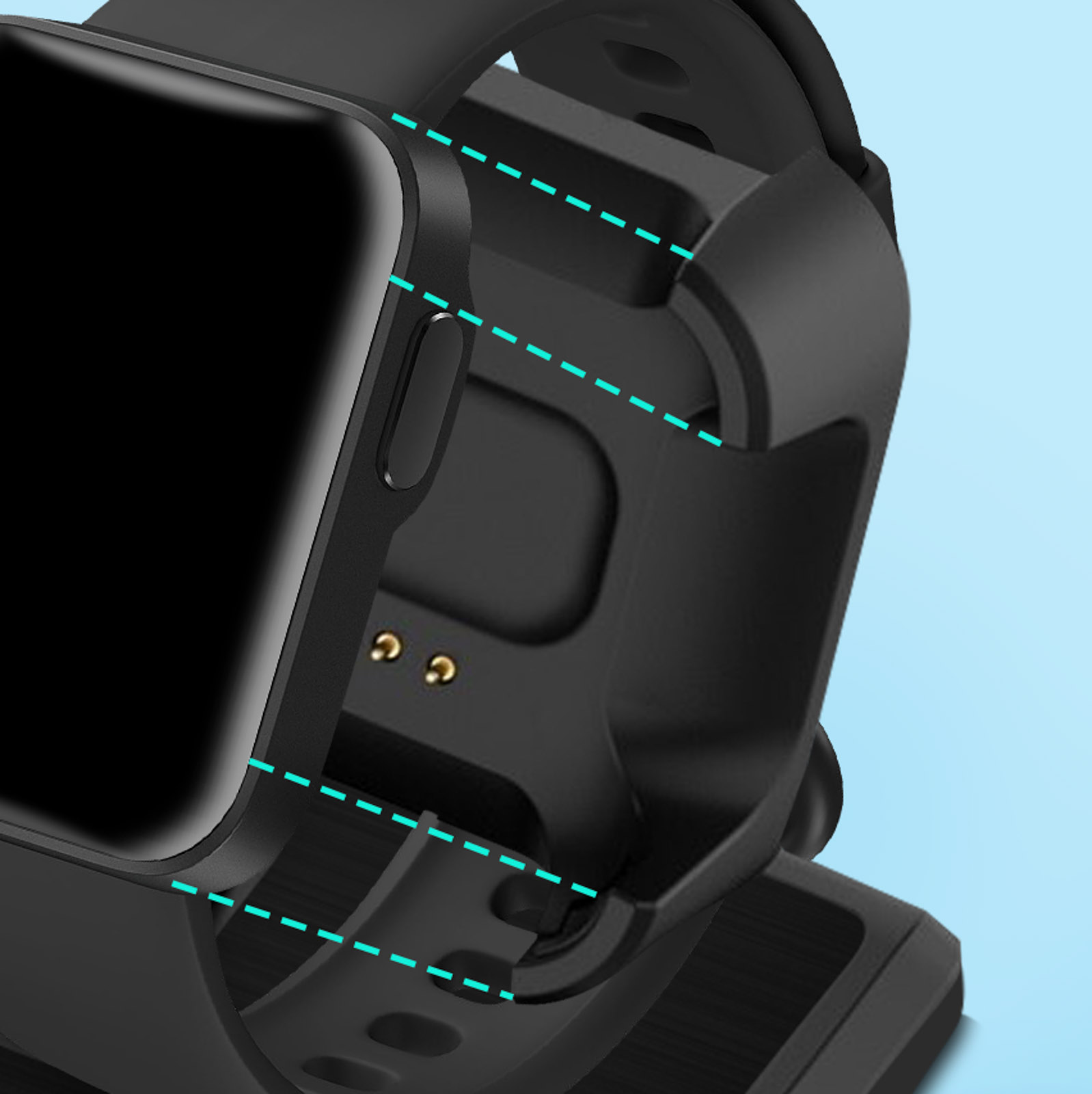Reloj inteligente negro en una base de carga. El reloj está en primer plano.
