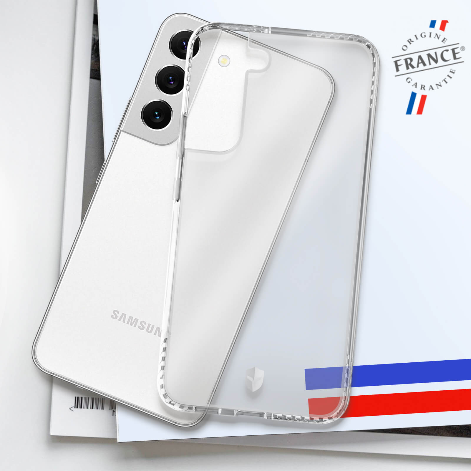 Custodia trasparente su un telefono Samsung, con bandiera francese e testo.