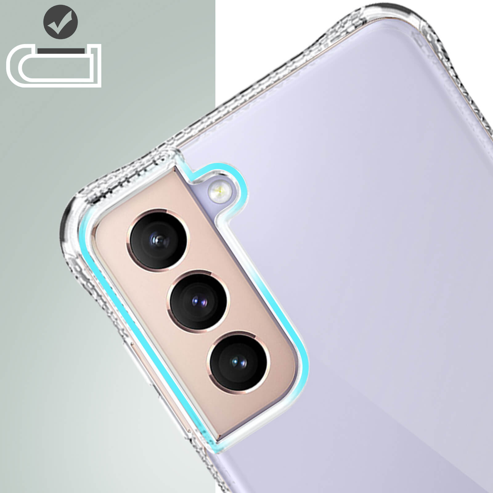 Primo piano dell'area della fotocamera di un telefono con tre lenti, coperta da una custodia trasparente.
