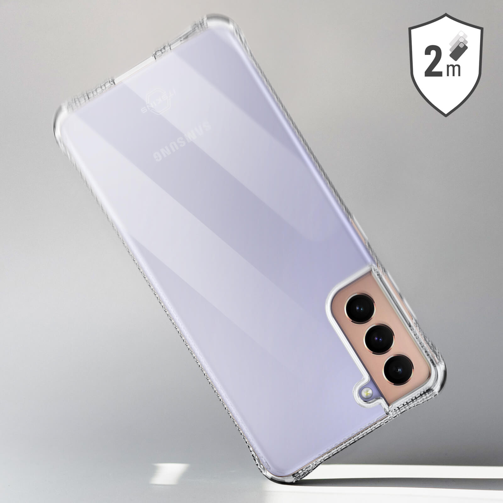 Custodia trasparente su un telefono viola. La custodia ha un bordo nero e ritagli per la fotocamera. È visibile uno scudo da 2 m.