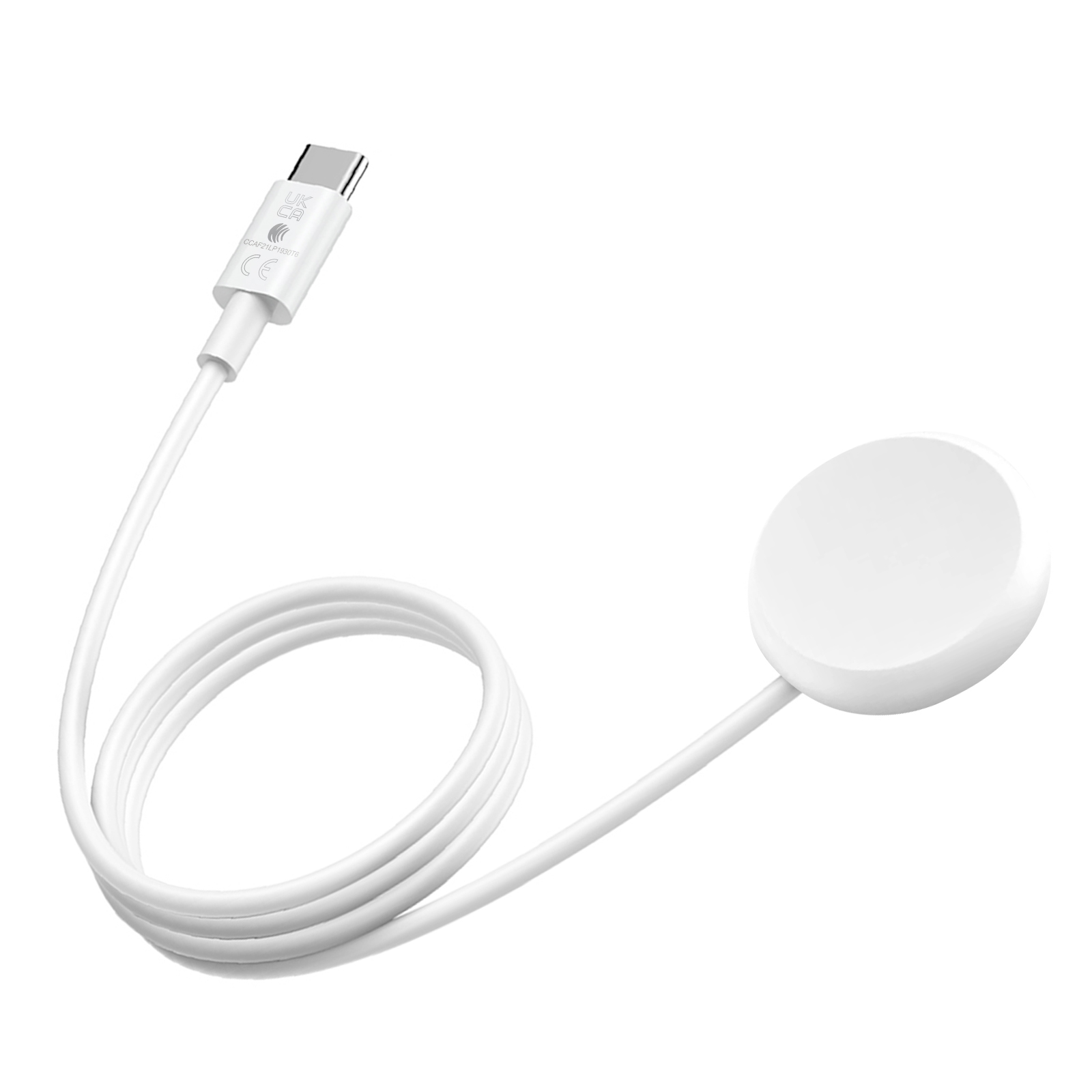 Weißes Ladekabel mit USB-C-Anschluss und weißer Ladestation auf weißem Hintergrund.
