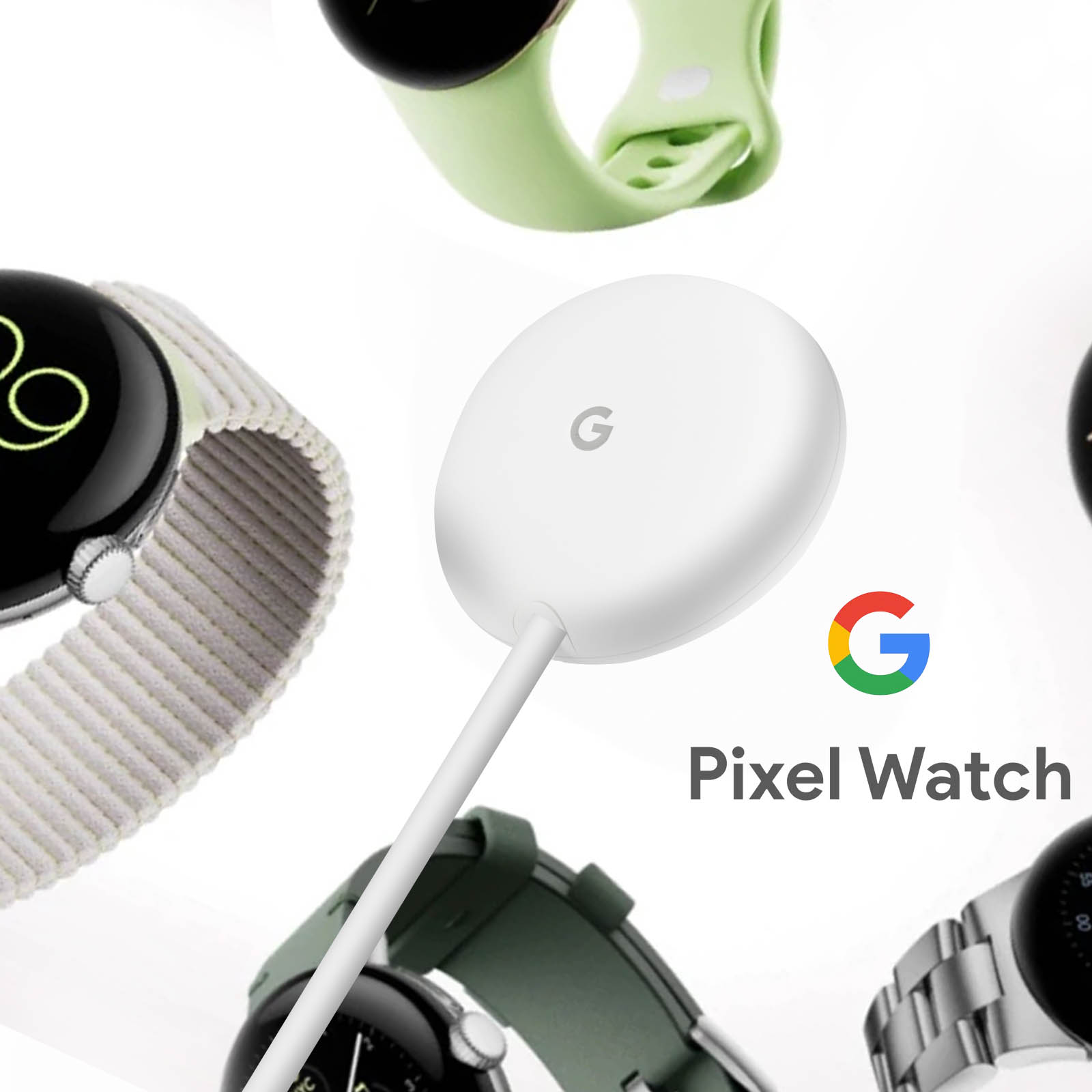 Nahaufnahme eines weißen Google Pixel Watch-Ladegeräts mit mehreren Uhren.