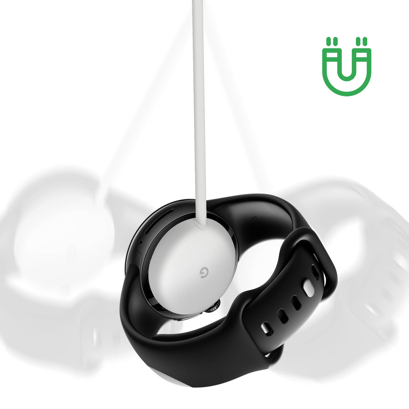 Schwarze Smartwatch auf Ladegerät. Weißes Kabel verbunden. Grünes Magnetsymbol.