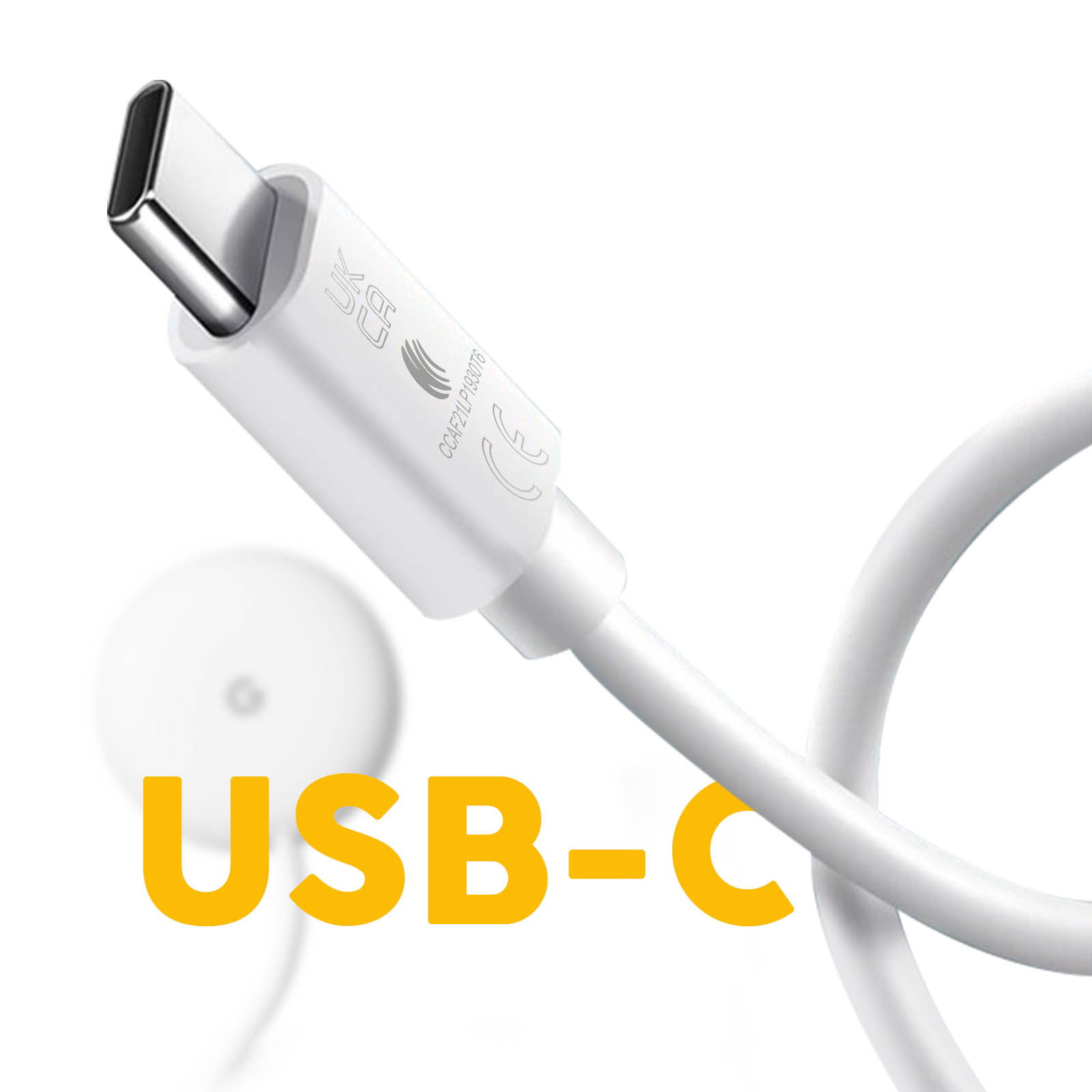 Weißes USB-C-Kabel. Das Kabel ist weiß mit dem Text USB-C. Der Hintergrund ist weiß.