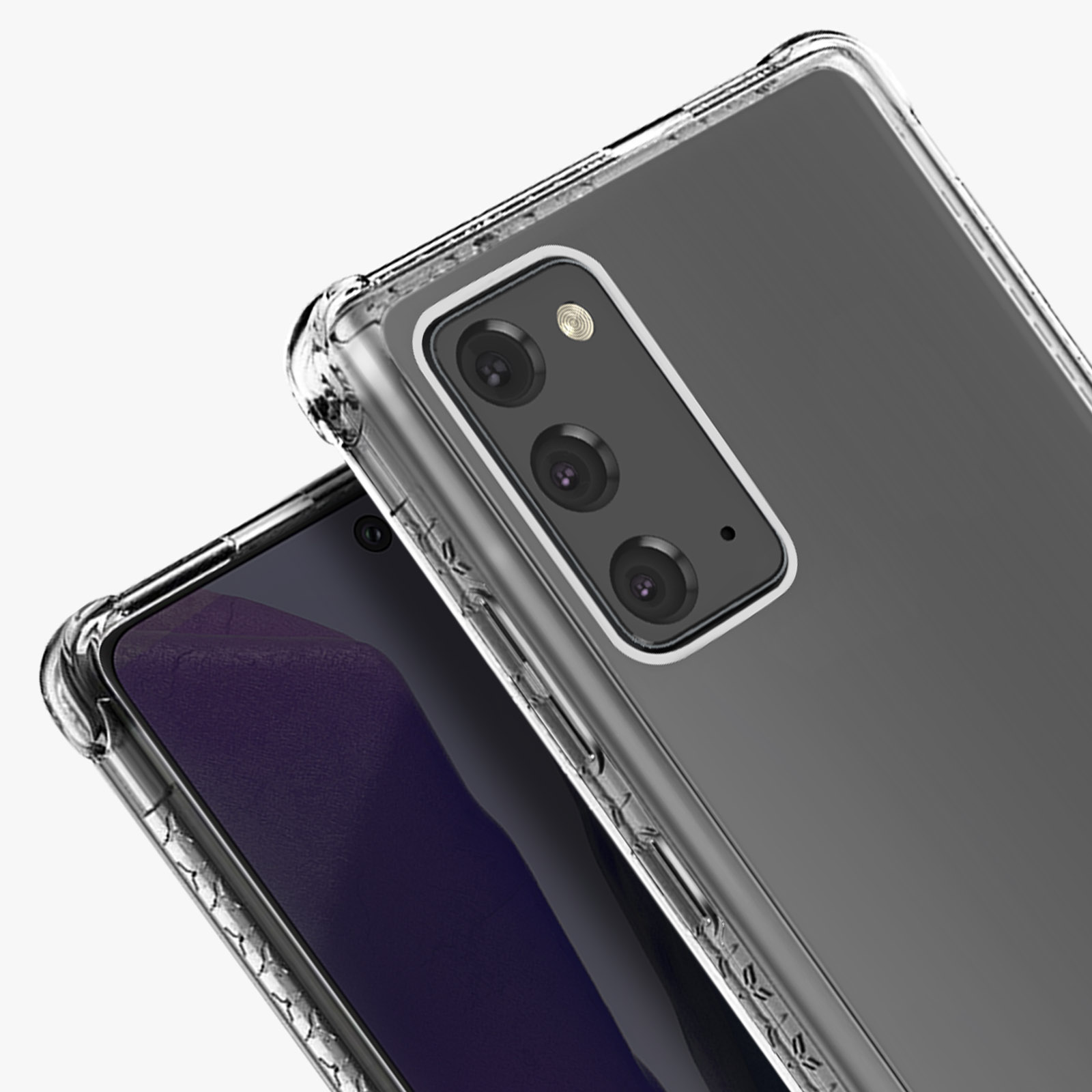 Primo piano di due telefoni con custodie trasparenti su uno sfondo chiaro. Le fotocamere del telefono sono visibili.