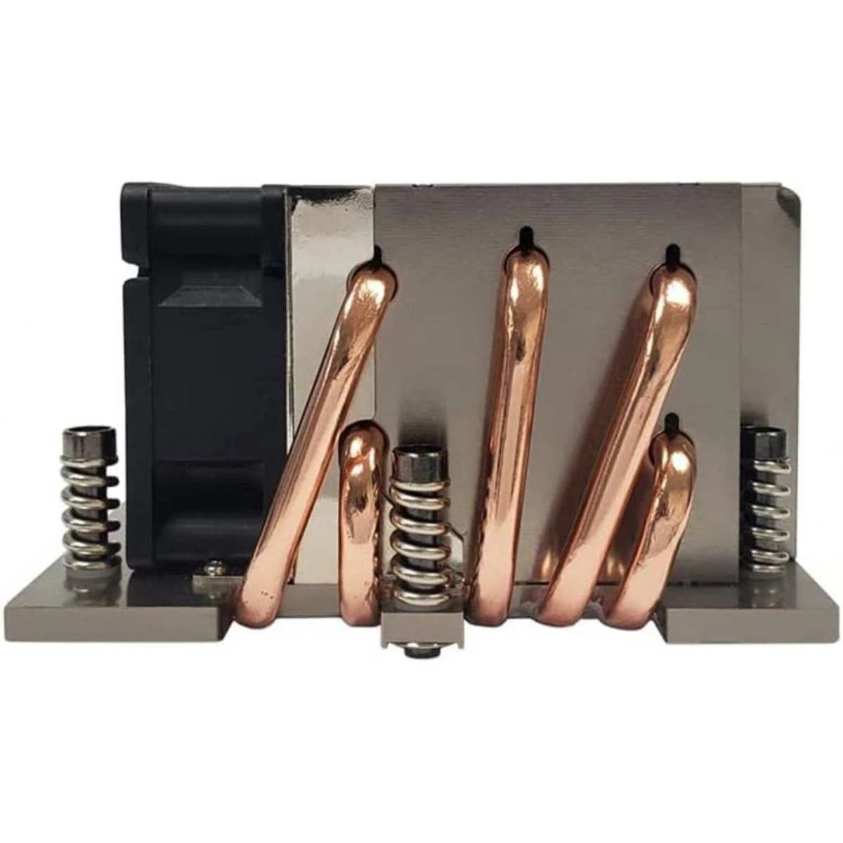 Chłodnica komputera z miedzianymi rurkami, czarnym wentylatorem i metalowymi elementami.