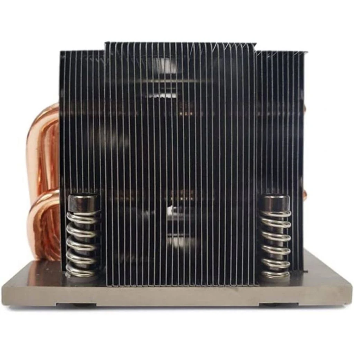 Chłodnica procesora z miedzianymi rurkami i metalowymi żebrami na srebrnej podstawie, zbliżenie.