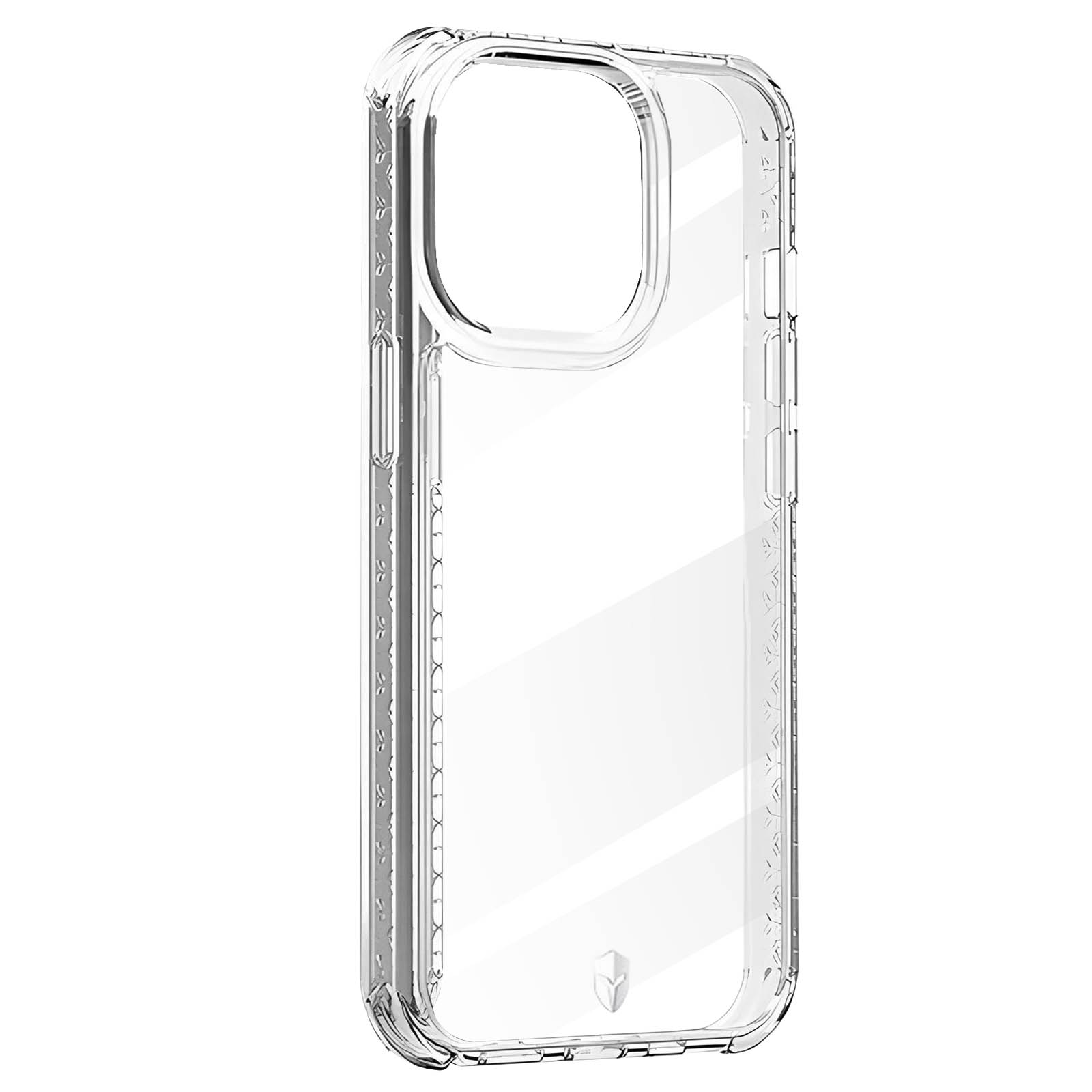 Custodia trasparente per telefono. Retro trasparente con accenti decorativi sui lati. Fori per la fotocamera.