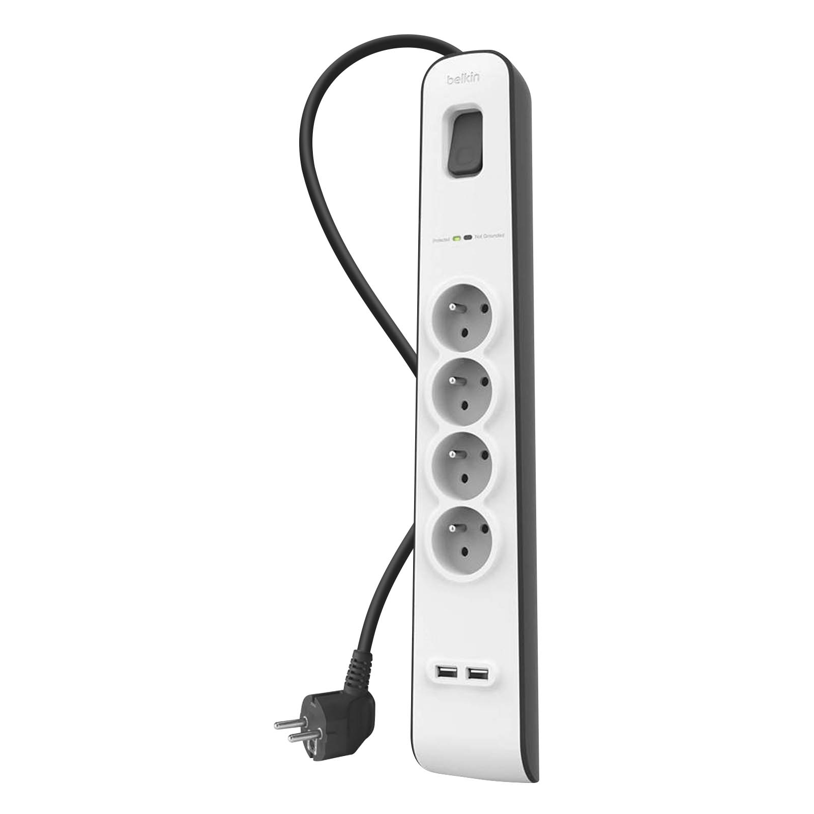 Presa multipla bianca e nera con quattro prese, due porte USB e un cavo di alimentazione nero.