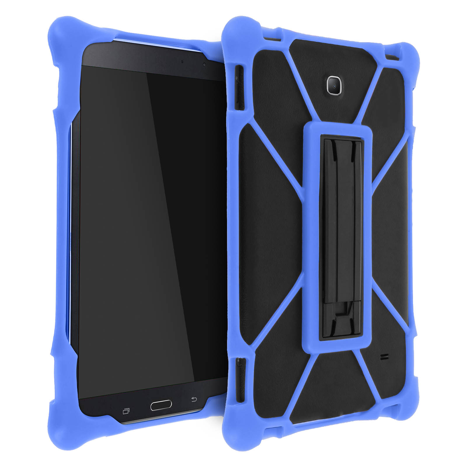 Tablet in blauem Gehäuse, Seitenansicht. Schwarzer Bildschirm. Weißer Hintergrund.