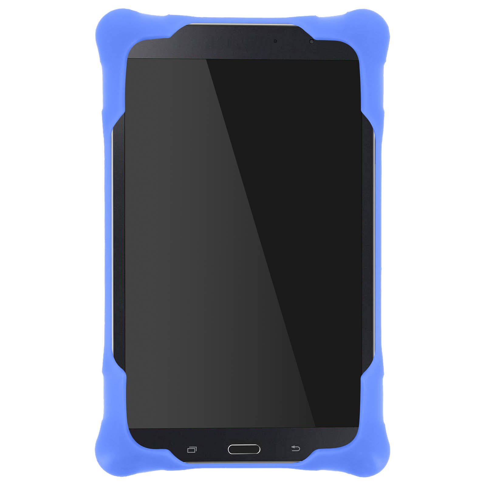 Blaue Tablet-Hülle, die ein Tablet mit schwarzem Bildschirm umschließt. Die Hülle ist gummiert.