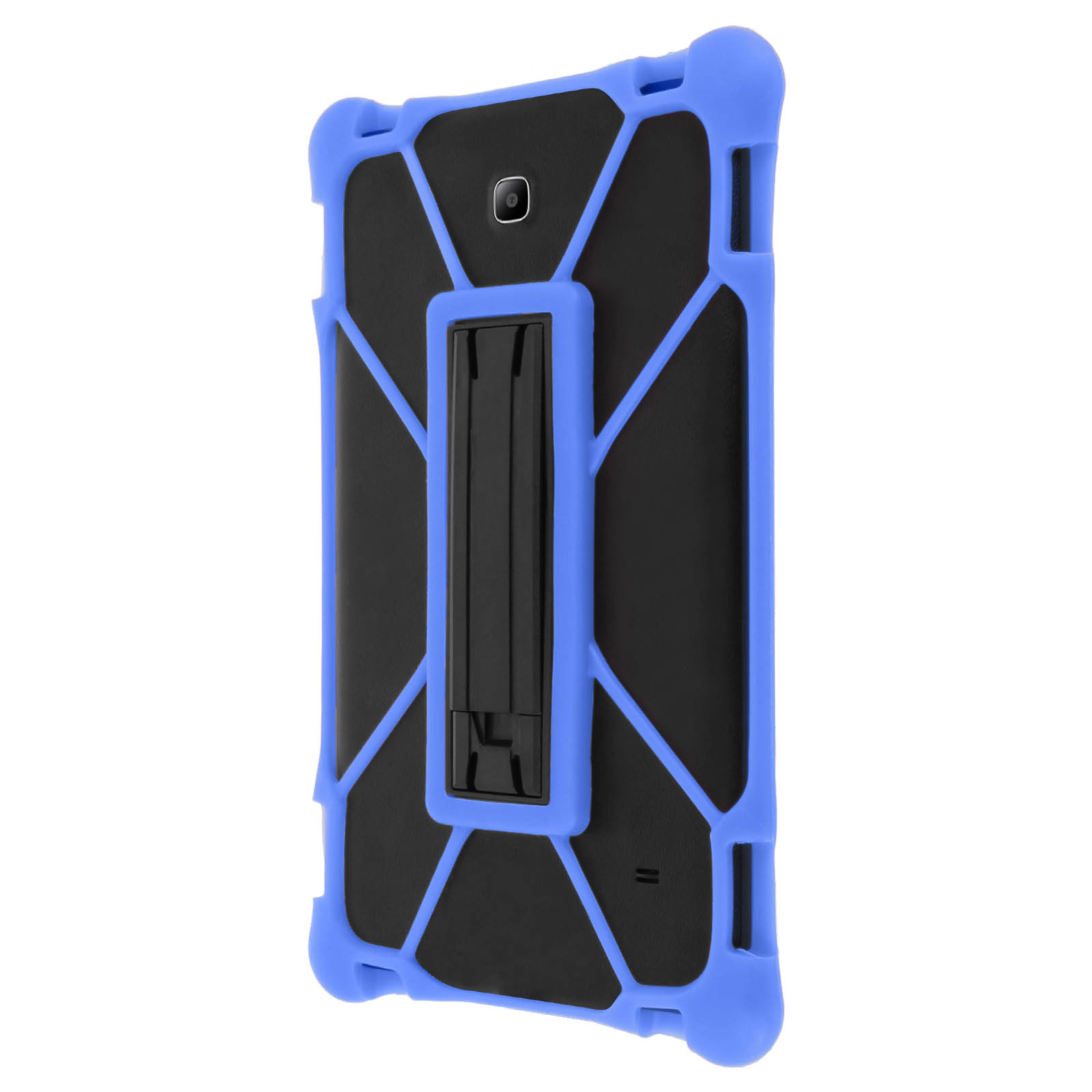 Schwarz-blaue Tablethülle mit Ständer auf weißer Oberfläche.