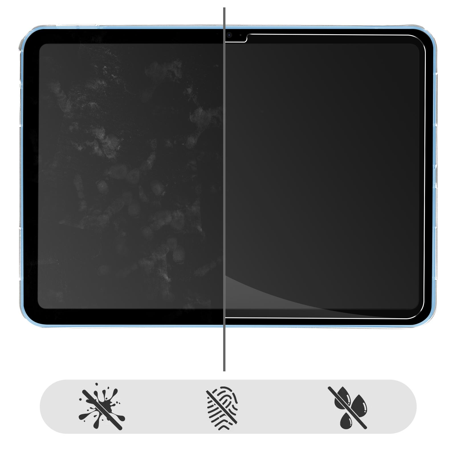 Tablet-Bildschirm geteilt, eine Seite schmutzig, die andere sauber, mit Symbolen für Wasser, Fingerabdruck und Staub.