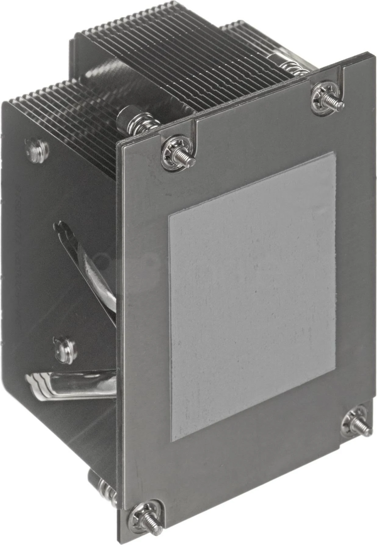 Srebrny radiator komputera z kwadratową szarą podkładką termoprzewodzącą i śrubami.