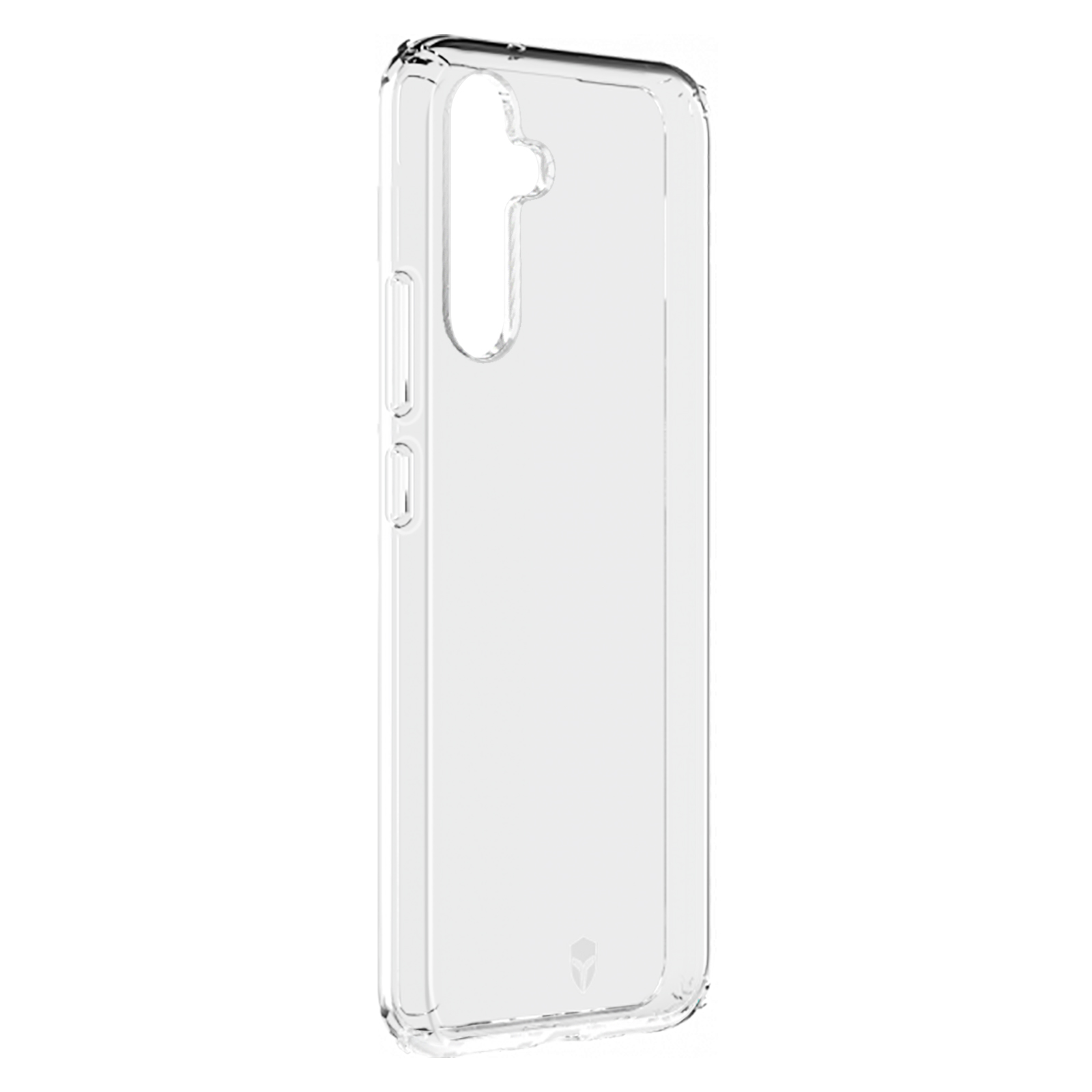 Een doorzichtige telefoonhoes. Hij is transparant en laat de vorm van de telefoon zien. De hoes heeft uitsparingen.