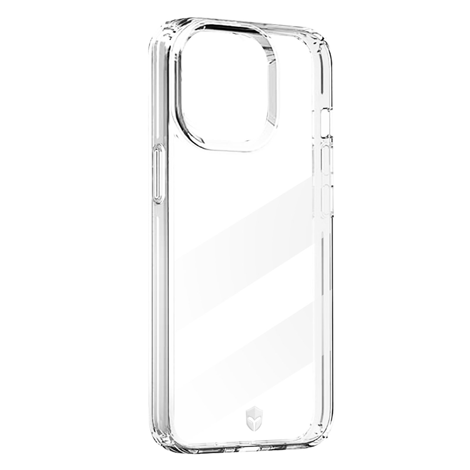 Custodia trasparente per telefono con design a strisce bianche. Ha un ritaglio per la fotocamera.