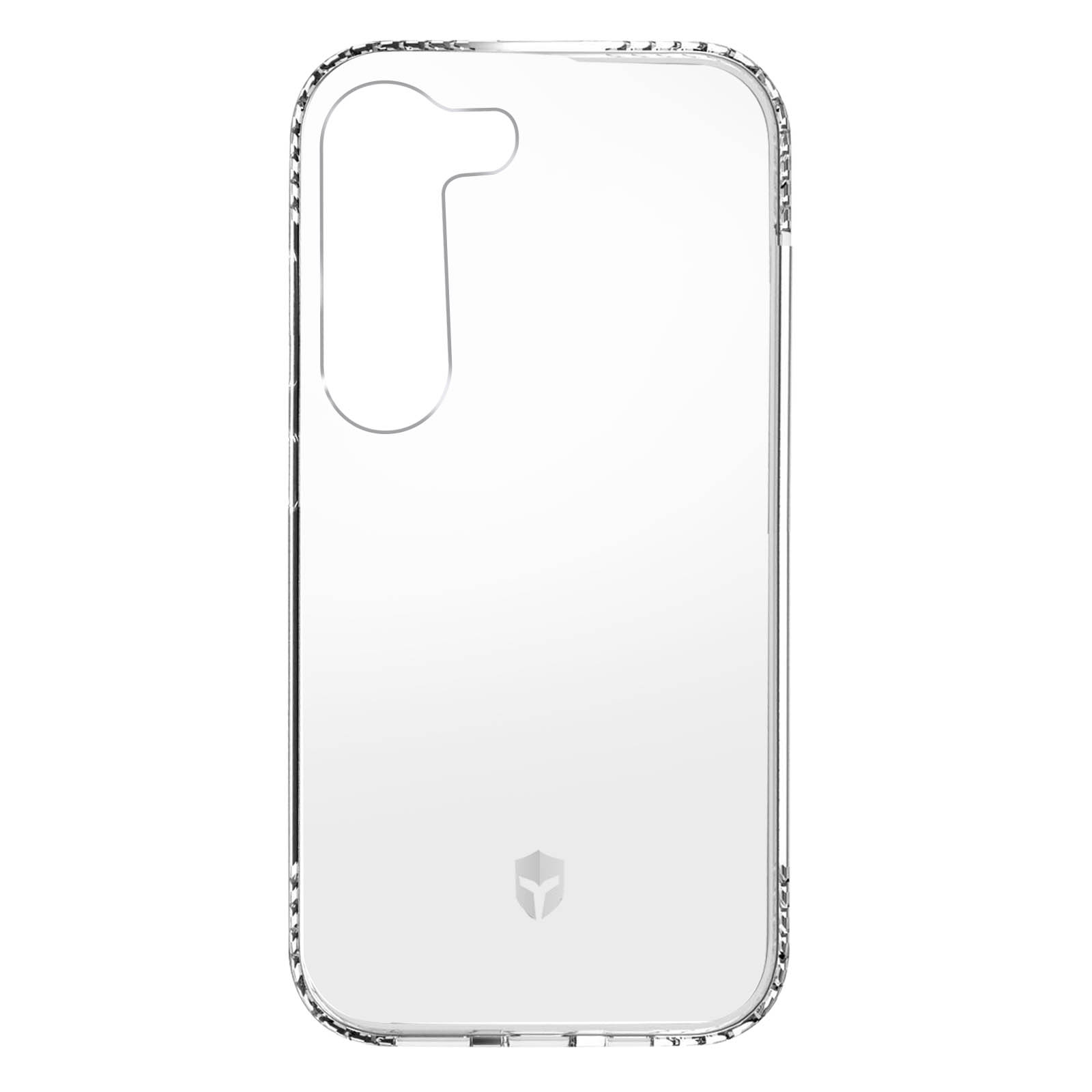 Coque de téléphone transparente, montrant le contour du téléphone. Un logo est en bas.