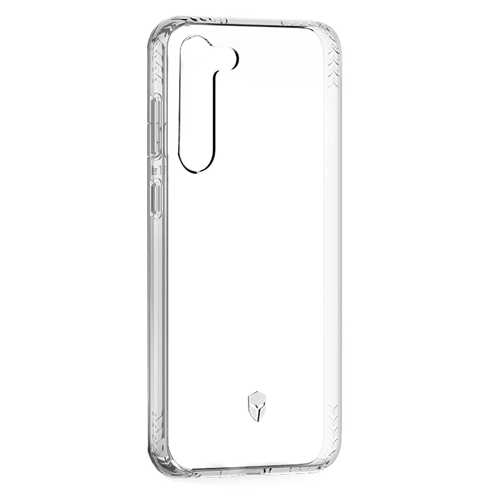 Coque de téléphone transparente avec découpe pour la caméra. Fond blanc. Protectrice.