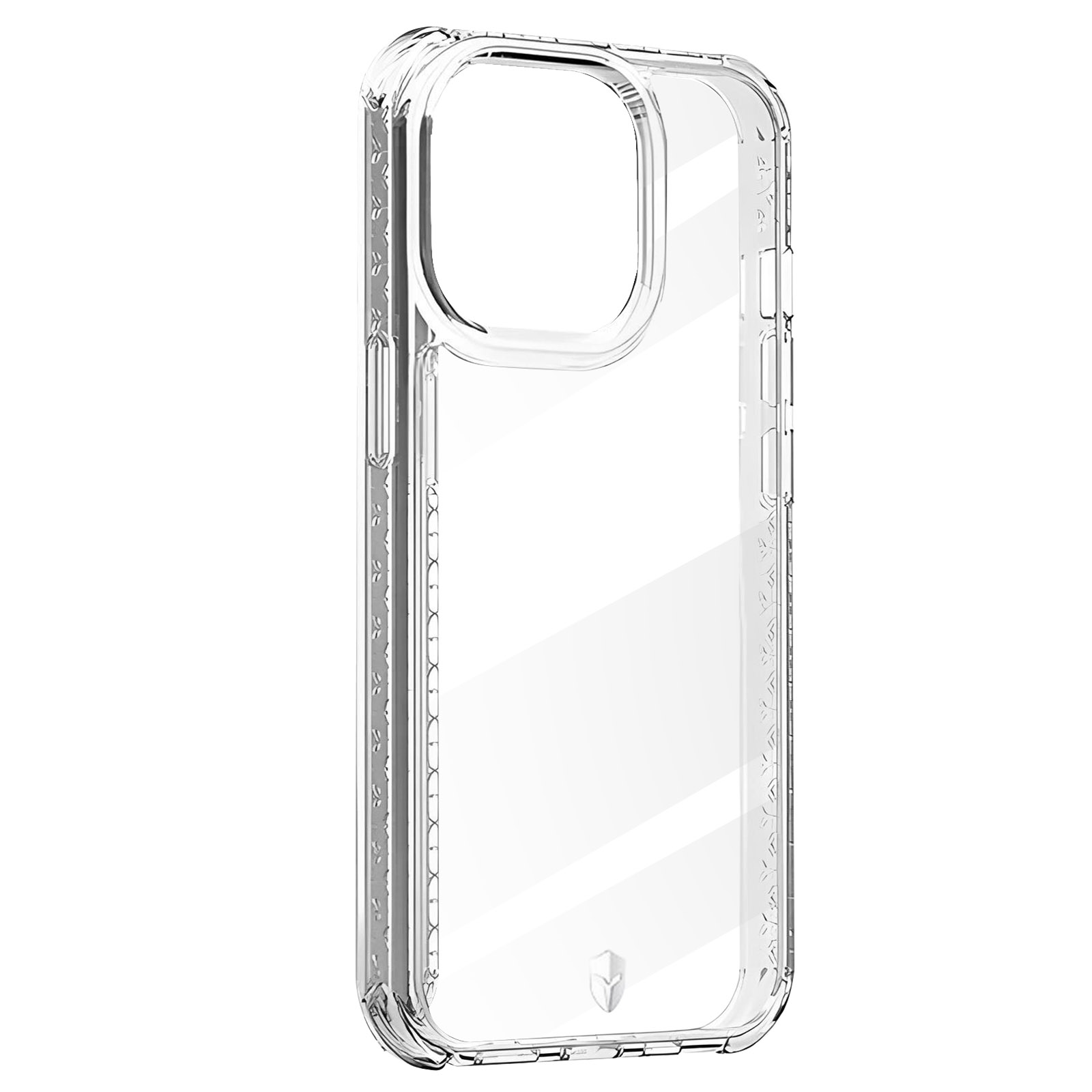 Transparante telefoonhoes. Staat op de zijkant en heeft een cirkel en uitsparing.