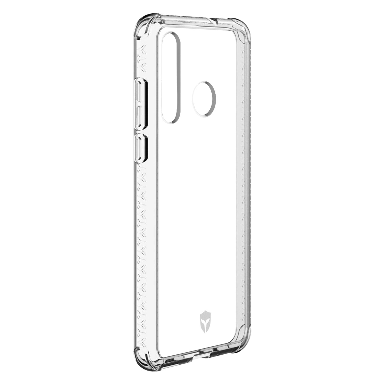 Transparante telefoonhoes met zijaanzicht. De hoes is transparant met uitsparingen voor knoppen.