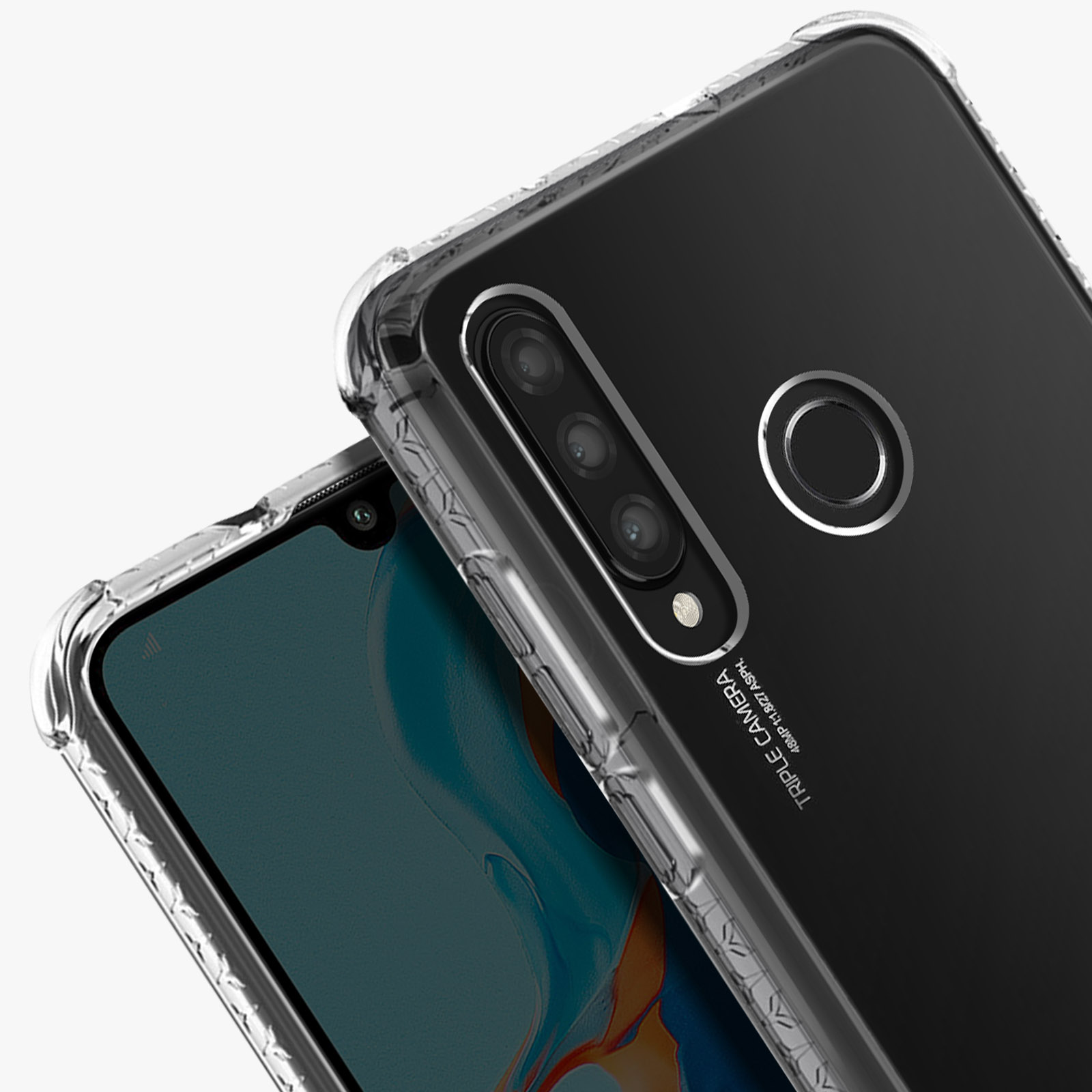 Gros plan sur un étui de téléphone avec un motif en forme de flèche. Fond blanc.